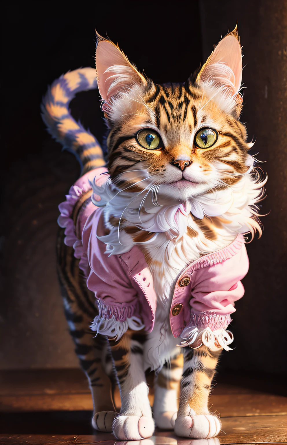 ((A cat in clothes)),，Full shot，Fluffy hair, Anthropomorphic expressions, Rich colors, Exquisite details, Masterpiece, Realistic，artsation, CG, Realistic, illusory engine , Real light and shadow, Beautiful rich colors, Amazing details, High quality，A pair of ears