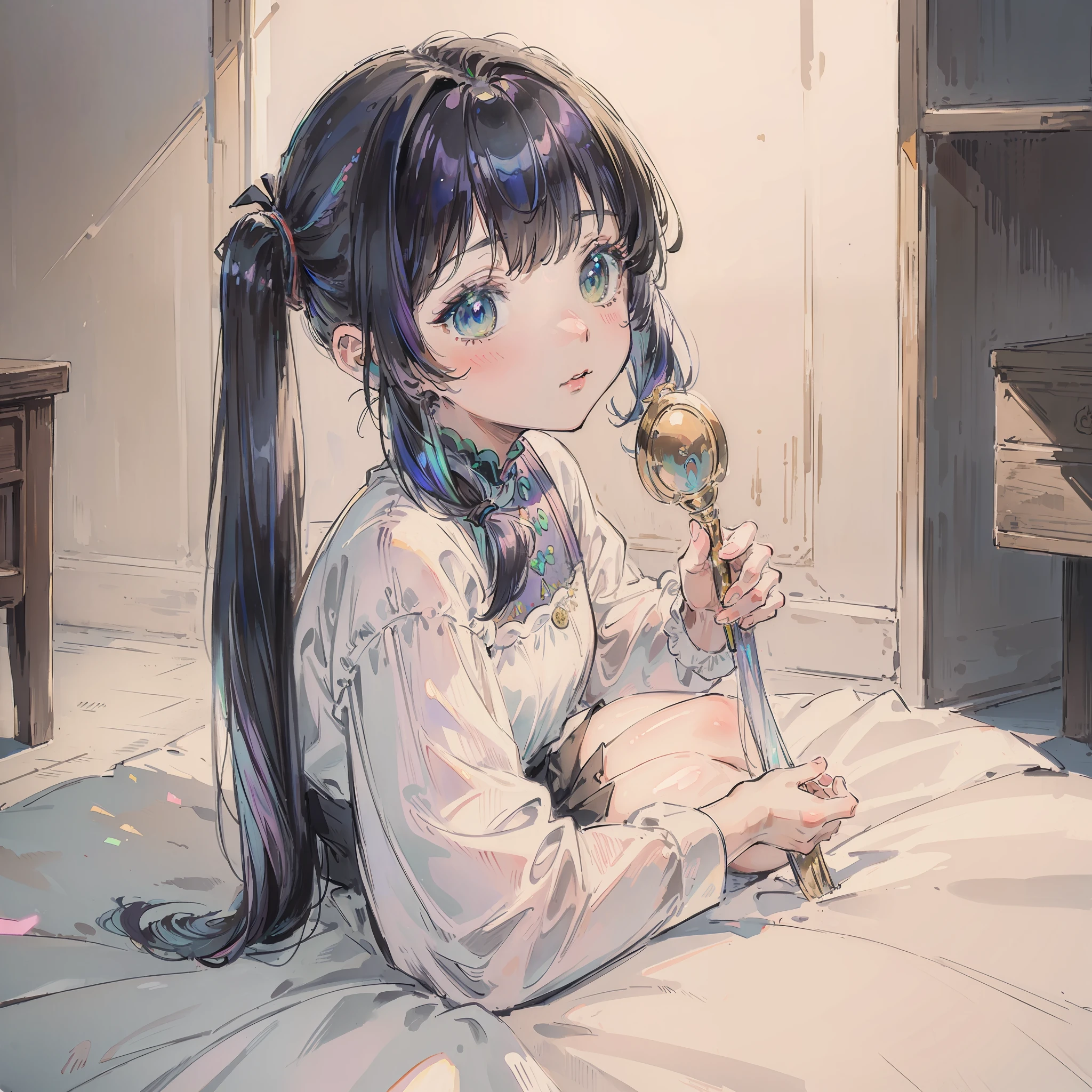 (top-quality、masterpiece)、A stunning、Take a cute cat、(Iridescent hair 1.2)、(Twin Tails 1.5)