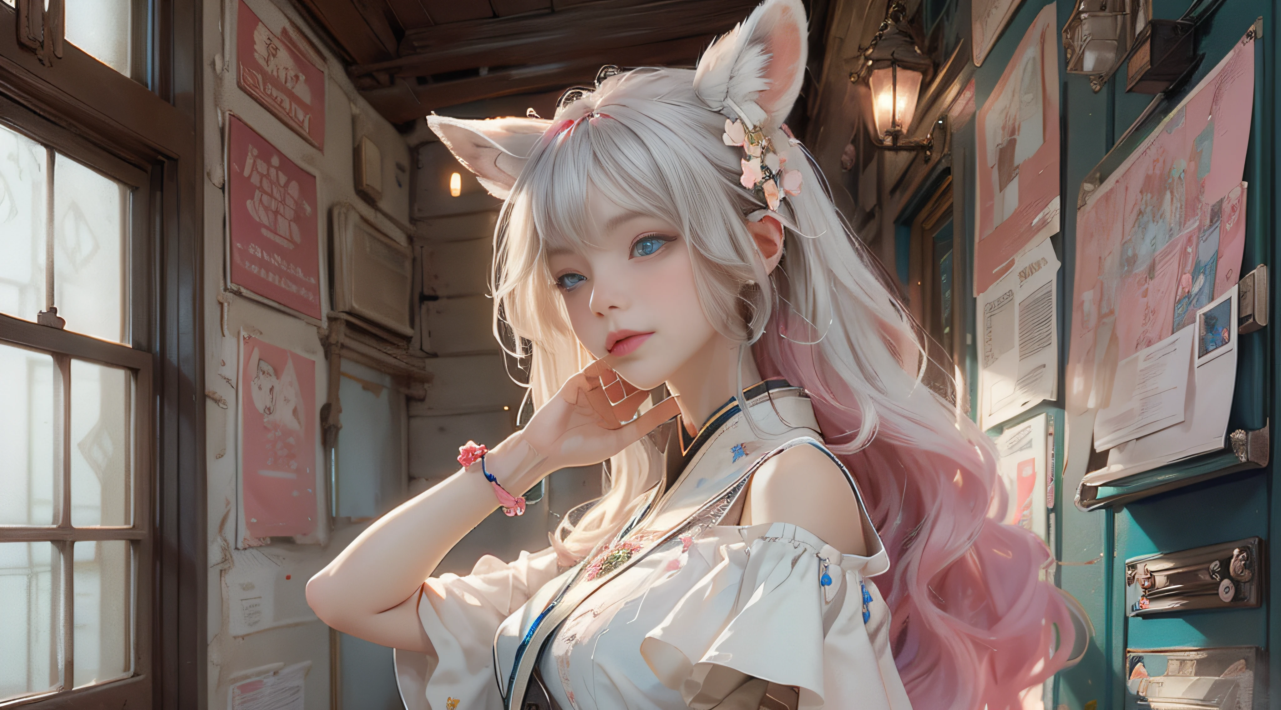 ((best qualtiy)), ((tmasterpiece)), (detail:1.4), Beautiful cyberpunk female images,hdr(HighDynamicRange),Ray traching,NVIDIA RTX,Hyper-Resolution,illusory 5,sub surface scattering,PBR textures,post-proces,Anisotropy Filtering,depth of fields,maximum definition and sharpness,Many-Layer Textures,Albedo e mapas Speculares,Surface coloring,Mitsu-Accurate simulation of material interactions,perfectly proportioned,rendering by octane,Two-colored light,largeaperture,Low ISO,White balance,Rule three points、8K raw data、Beautiful bright blue pupils,off-the-shoulder clothes,Fine pupils,Delicate face and eyes,long eyelasher,Blushlush,Delicate and fluffy hair,pink lip,Pure,Cute face,Sweet girl,Artistic sense,Casual wear,Advancedsense,butterflys,Cherry blossom petal,Beautiful hair accessories,Long hair and waist,Hair fluttering in the wind,Snow-white fox ears,curlies,Snow-white fluffy tail,Positive light,The light from the back window is backlighted