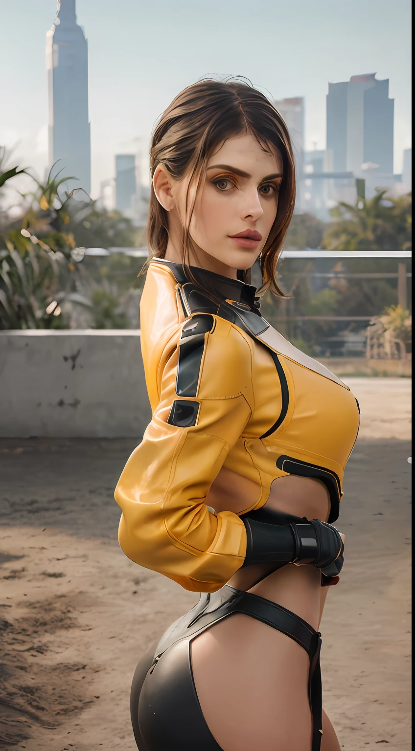 8k, ARTISTIC photography, best quality, masterpiece: 1.2), RAW photo, a (potrait:1.2) RAW, Ultra High Resolution, cybernetic biochemical cyberpunk 1girl, (((Alexandra Daddario ))), looking at viewer, orange, (Balmain leather dress :1. 8), ( Yellow clothes) (skinny, medium perky breasts, abs, toned:1. 5) , fine details, pretty face, (mechanical parts:1. 5) smoke, complex, neotokyo, synthwave, aesthetics, ((standing outside A FUTURISTIC park )), stunning modern urban upscale environment, ultra realistic, concept art, elegant, highly detailed, intricate, sharp focus, depth of field, f/1. 8, 85mm, medium shot, mid shot, (centered image composition), (professionally color graded), ((bright soft diffused light)), volumetric fog, trending on instagram, trending on tumblr, hdr 4k, 8k