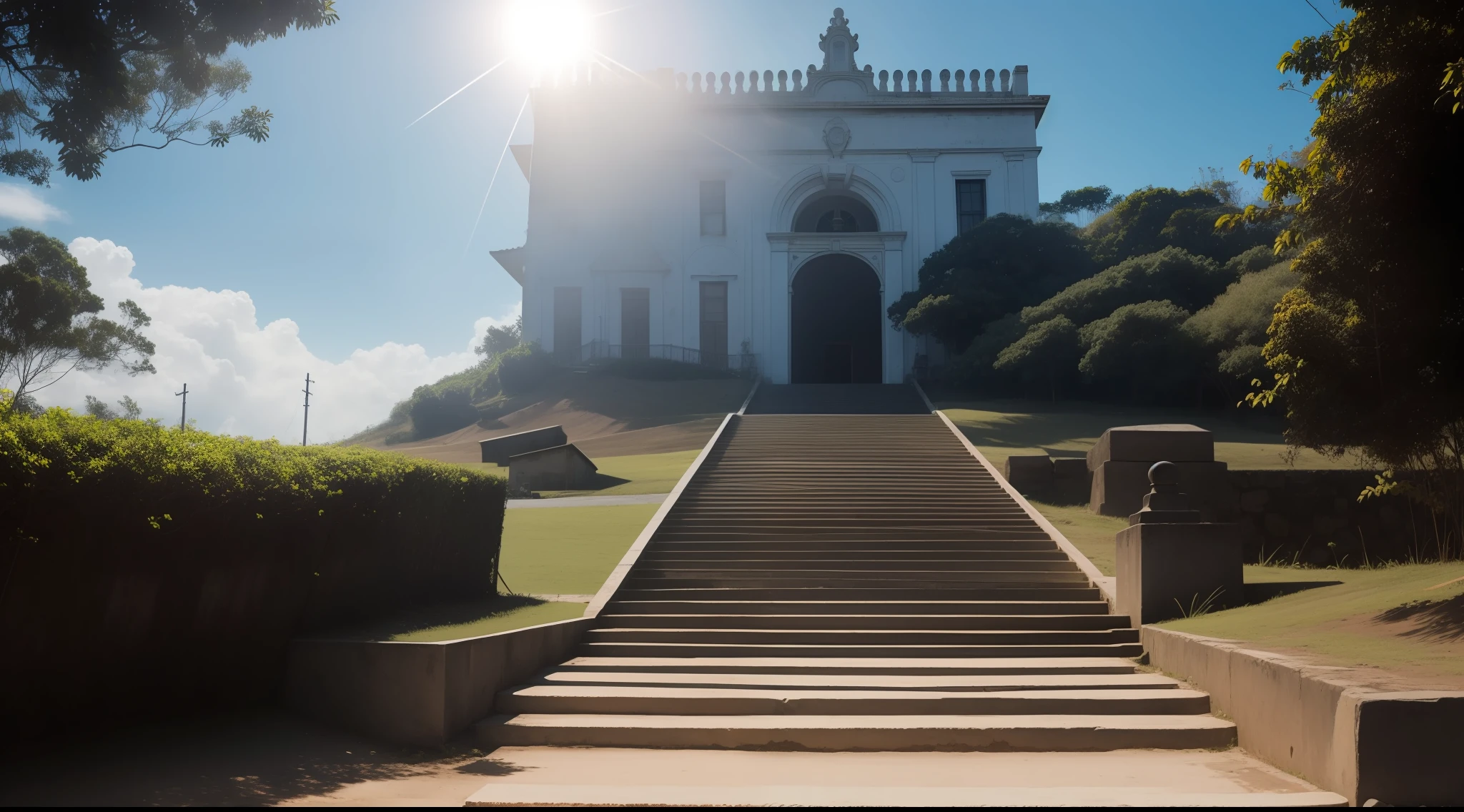 stairway to heaven, no meio de nuvens, com uma forte luz ao fundo