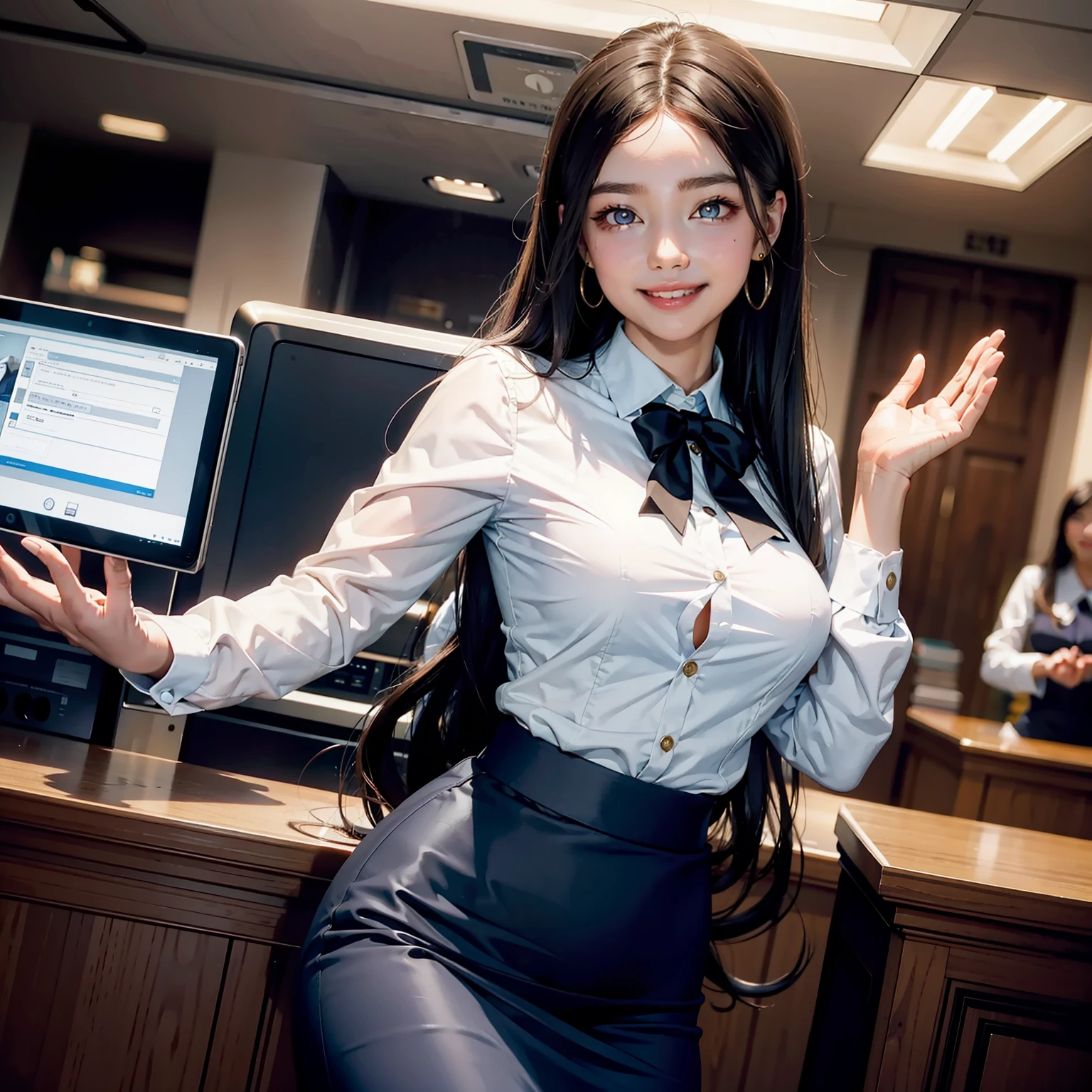 1 super beauty，watery big eyes，ssmile，grin face，Long hair，Professional skirt，In the bank，Bust photo