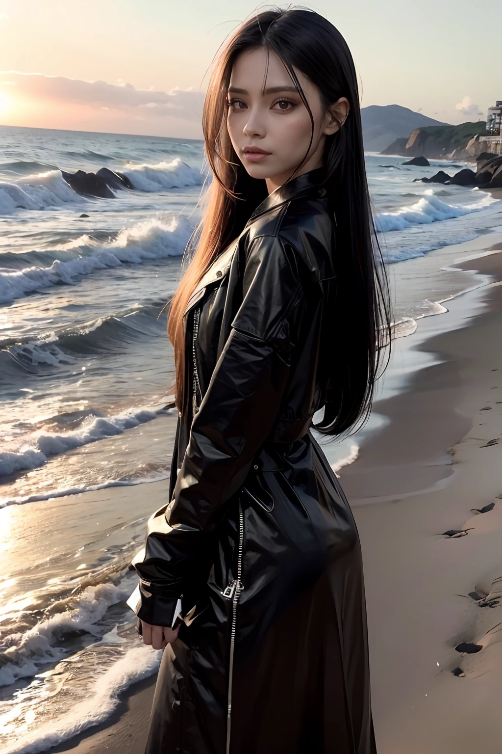 there is a woman with long hair and a black jacket, female with long black hair, imagem de qualidade muito alta, mulher nova com cabelo escuro longo, com cabelos longos e olhos penetrantes, muito muito bonito rosto, com cabelo preto liso, em torno de 19 anos, com longos cabelos escuros, com longos cabelos pretos, Foto do perfil, imagem frontal, praia, imagem de boa qualidade, decote, olhos azuis, She's on the beach with the sunset, Sunset sun illumination