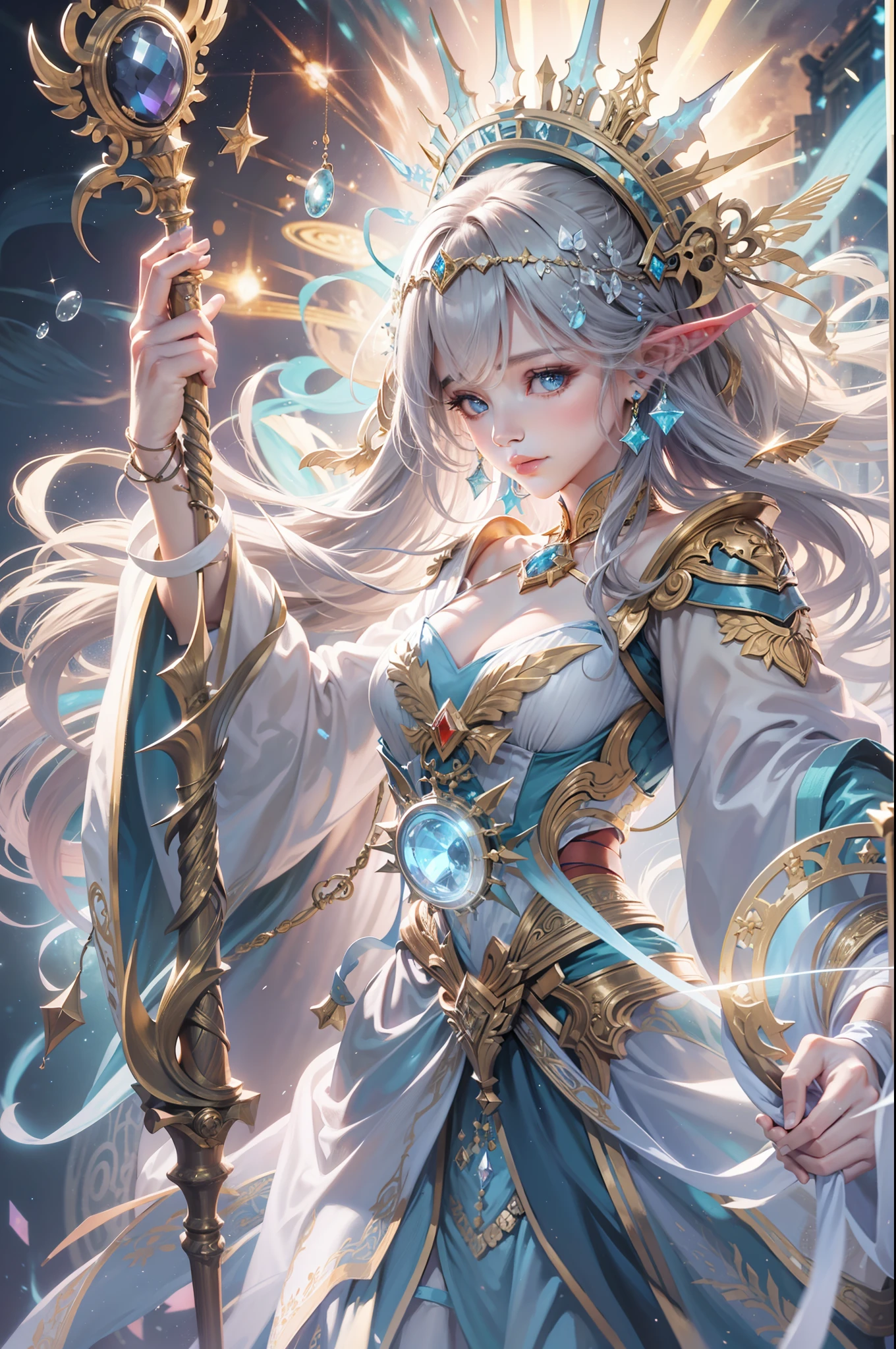 magestic, Mysterious magic, magical scene, A staff that shines with light, robe, Unique headdress, Stunning spell effects。
