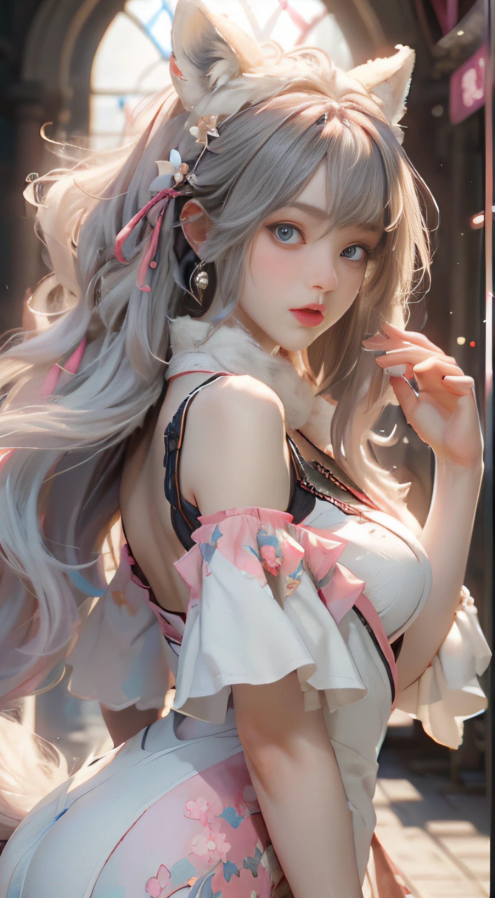 ((best qualtiy)), ((tmasterpiece)), (detail:1.4), Beautiful cyberpunk female images,hdr(HighDynamicRange),Ray traching,NVIDIA RTX,Hyper-Resolution,illusory 5,sub surface scattering,PBR textures,post-proces,Anisotropy Filtering,depth of fields,maximum definition and sharpness,Many-Layer Textures,Albedo e mapas Speculares,Surface coloring,Mitsu-Accurate simulation of material interactions,perfectly proportioned,rendering by octane,Two-colored light,largeaperture,Low ISO,White balance,Rule three points、8K raw data、Beautiful bright blue pupils,off-the-shoulder clothes,Fine pupils,Delicate face and eyes,long eyelasher,Blushlush,Delicate and fluffy hair,pink lip,Pure,Cute face,Sweet girl,Artistic sense,Casual wear,Advancedsense,butterflys,Cherry blossom petal,Beautiful hair accessories,Long hair and waist,Hair fluttering in the wind,Snow-white fox ears,curlies,Snow-white fluffy tail,Positive light,The light from the back window is backlighted