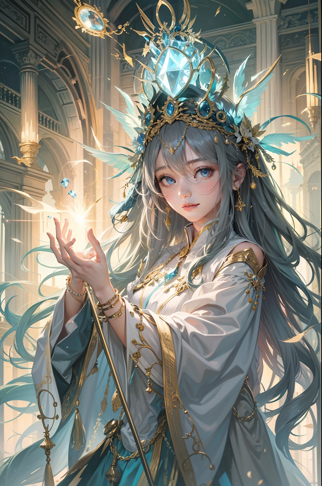 magestic, Mysterious magic, magical scene, A staff that shines with light, robe, Unique headdress, Stunning spell effects。