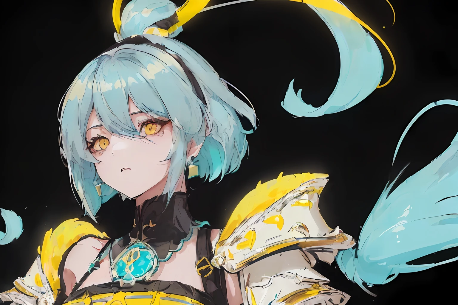 GenshinAvatar, (full body), (a woman with poofy short cyan hair and yellow eyes:1.4), highly_detailed, illustration, portrait, (((masterpiece))),(((bestquality))), (black_background:1.4), simple_background, highly intricate accessories, highly intricate clothes, white dress, gold trim, Lightblue hair, bright color, earrings, armor, shoulder armor, hairband, fear expression