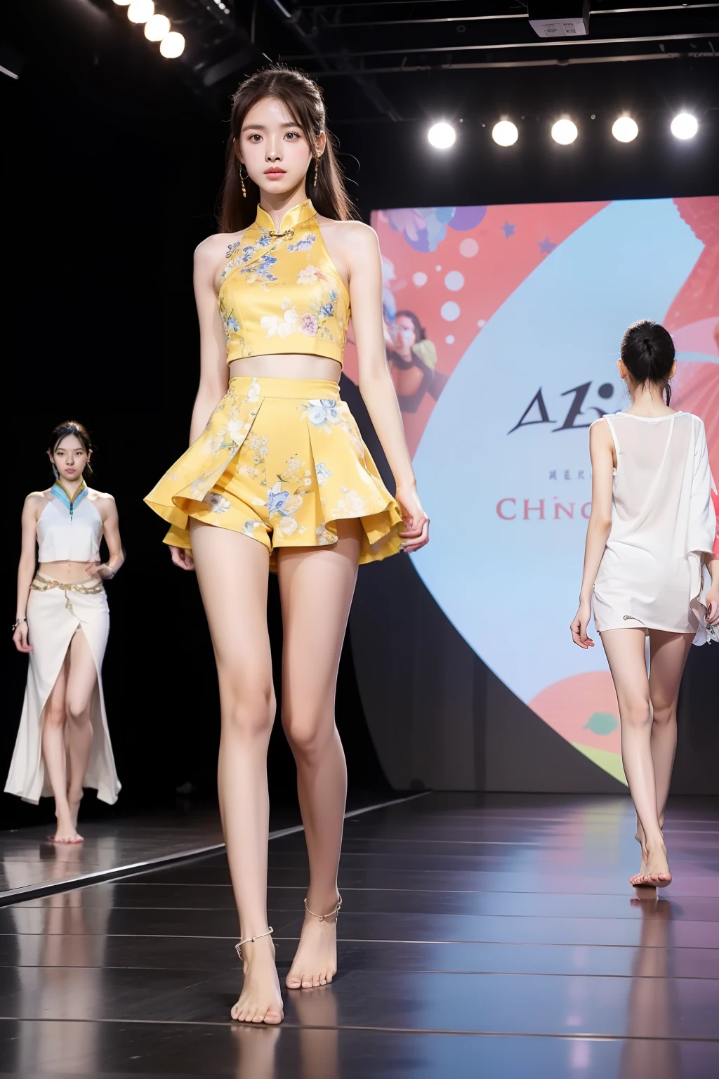 8K,A -yeld Chse woman,jewelry,slimfigure,perfect bodies,Summer clothes,Fashion show,Barefoot