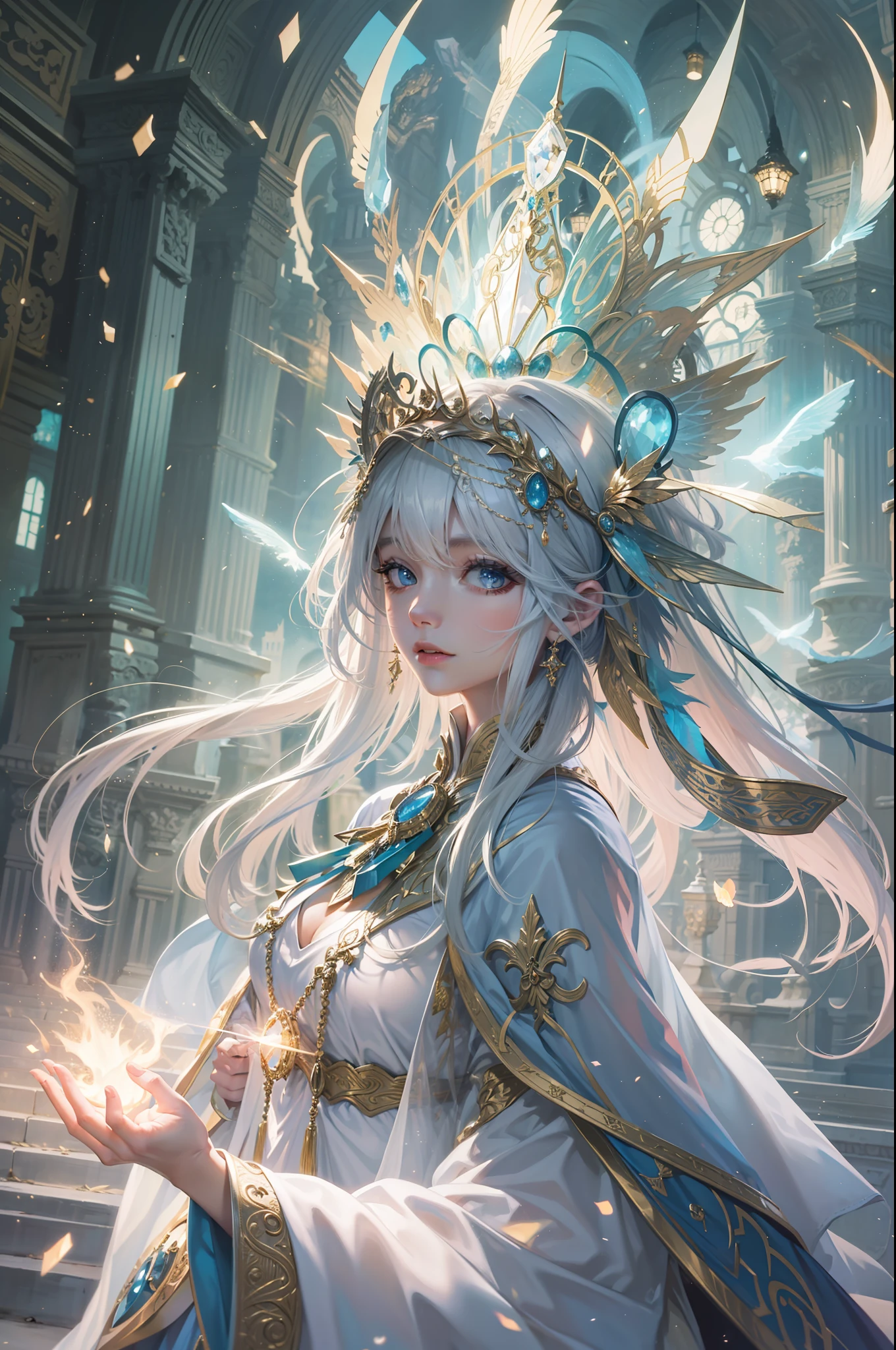 magestic, Mysterious magic, magical scene, A staff that shines with light, robe, Unique headdress, Stunning spell effects。