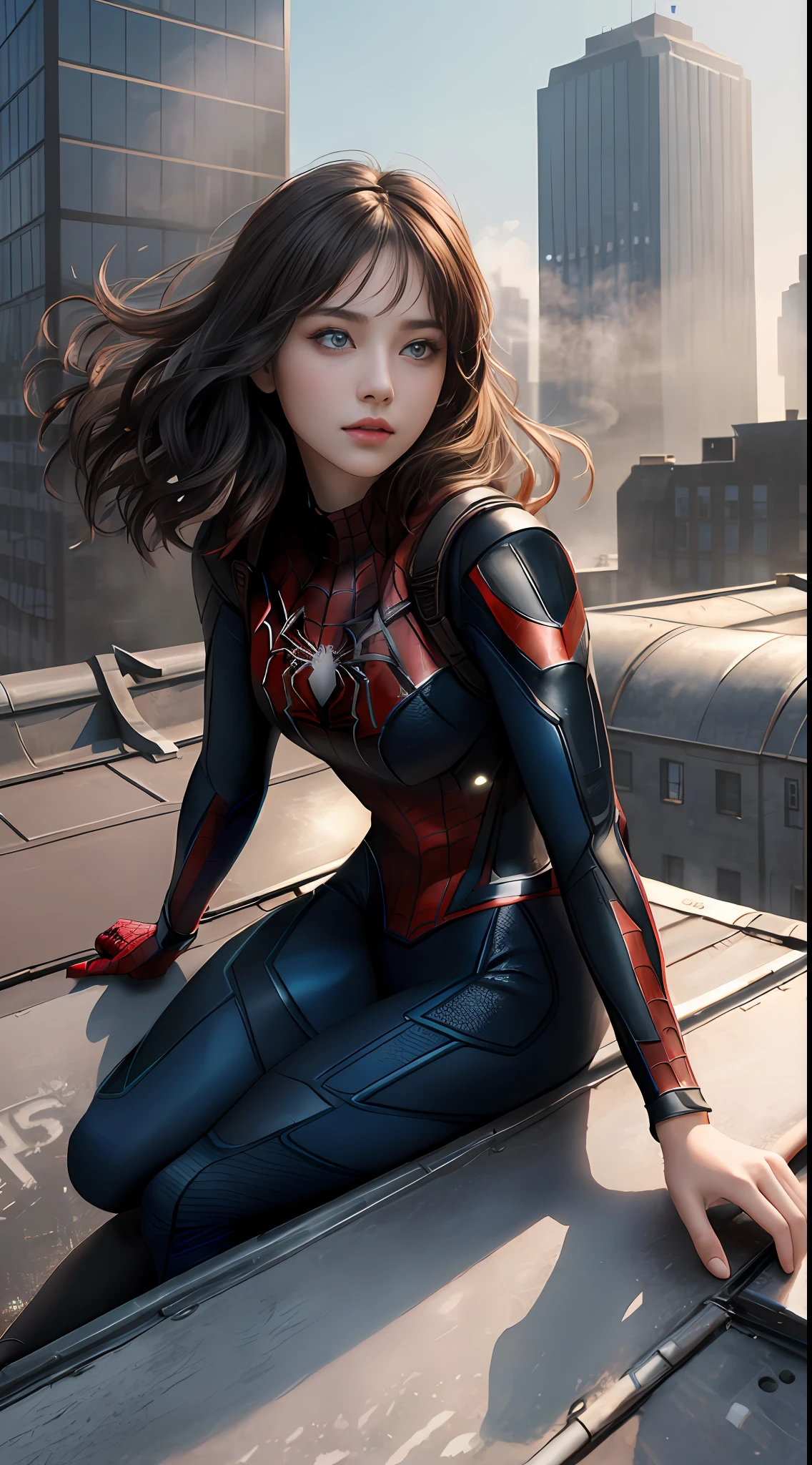 (1girl:1.3), Solo, (((Very detailed face)))), ((Very detailed eyes and face)))), Beautiful detail eyes, Body parts__, Official art, Unified 8k wallpaper, Super detailed, beautiful and beautiful, beautiful, masterpiece, best quality, original, masterpiece, super fine photo, best quality, super high resolution, realistic realism, sunlight, full body portrait, amazing beauty, dynamic pose, delicate face, vibrant eyes, (from the front), She wears Spider-Man suit, red and black color scheme, spider, very detailed city roof background, rooftop, overlooking the city, detailed face, detailed complex busy background, messy, gorgeous, milky white, highly detailed skin, realistic skin details, visible pores, clear focus, volumetric fog, 8k uhd, DSLR, high quality, film grain, fair skin, photo realism, lomography, futuristic dystopian megalopolis, translucent