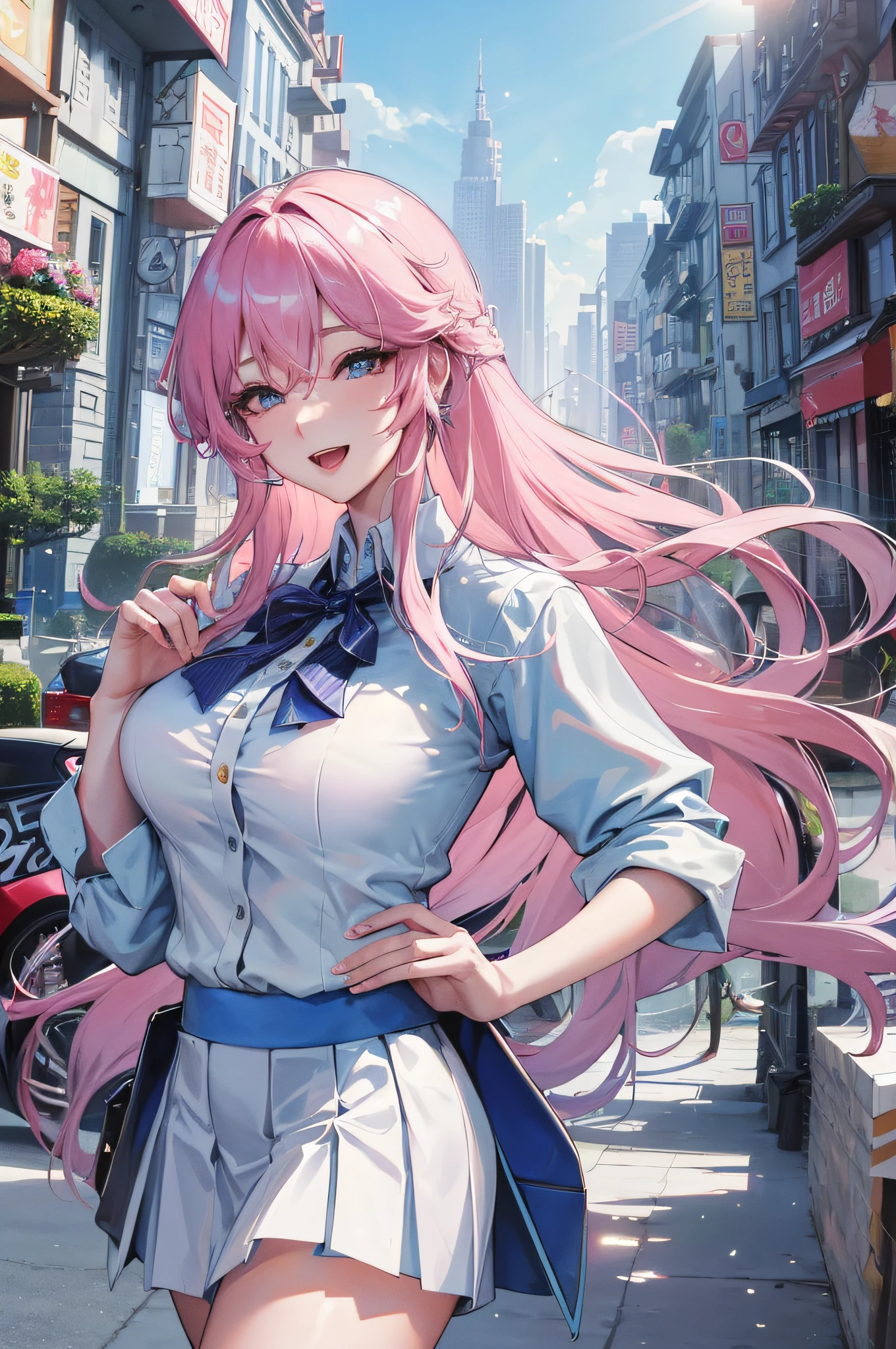 Official fine art，Super score，tmasterpiece，Sharp focus，（Beautiful gorgeous lovely Korean women：1.3），（beautiful lovely Korean people：1.3），South Korean beauties，Delicate and beautiful hair and eyes and face，realisticlying，ultra - detailed，a beauty girl，blue-sky，Glowing white particles,(sidelighting:1.2),rays of sunshine,baiyun,Detailed clouds,Slender,Cute big breasts and big buttocks,Toothy laughter,((Laugh and open your eyes)),scenecy,Long straight hair, sexy facial expression, buliding, (cityscape:1.7), Dynamic hair, Long straight hair, Delicate platinum-pink hair, glow blue eyes, (blue pleated shirt+white  skirt), long white socks, paleskin, hair adornments, epic landscapes,