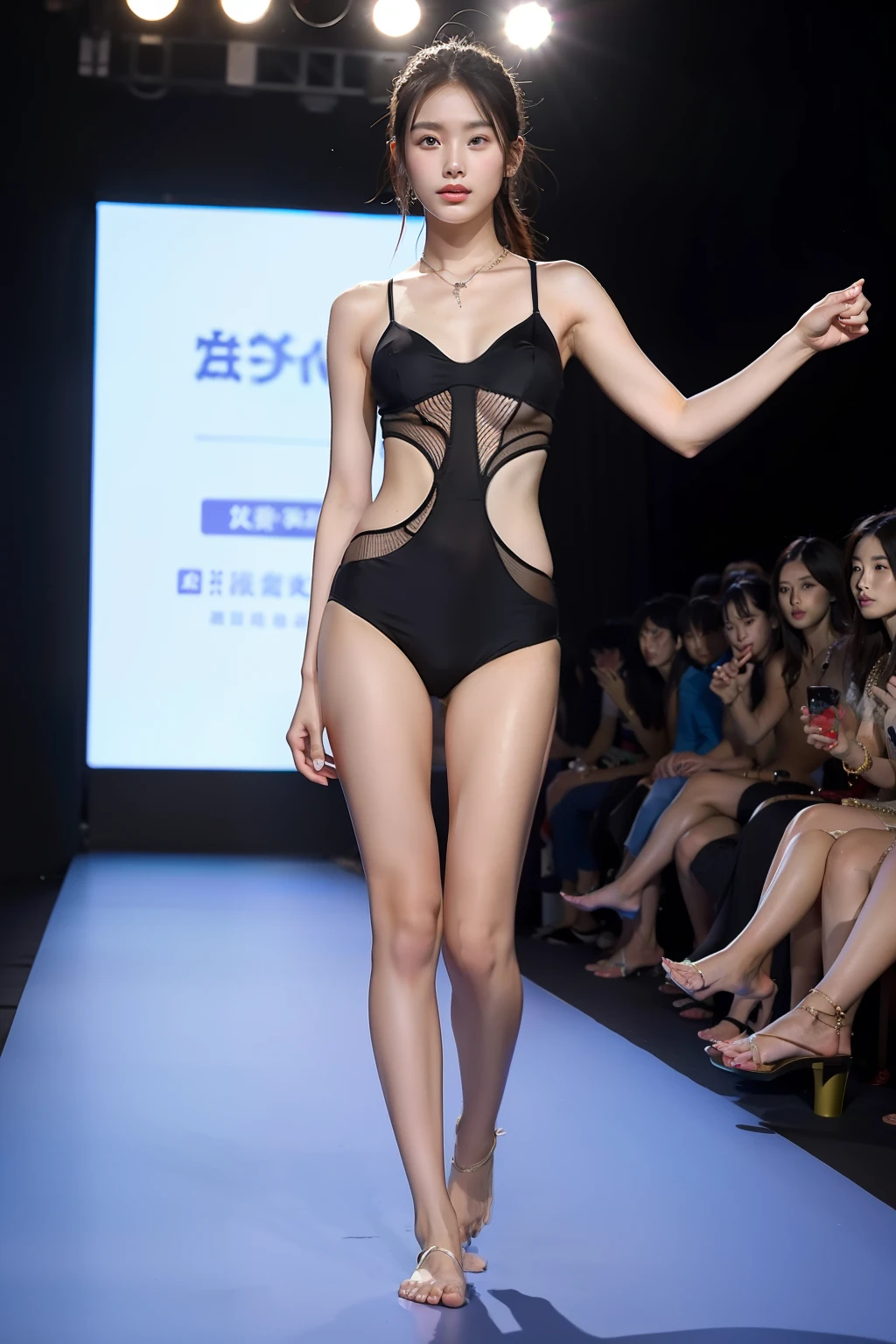 8K,A 16-year-old Chinese woman,jewelry,slimfigure,perfect bodies,Summer clothes,Fashion show,Barefoot