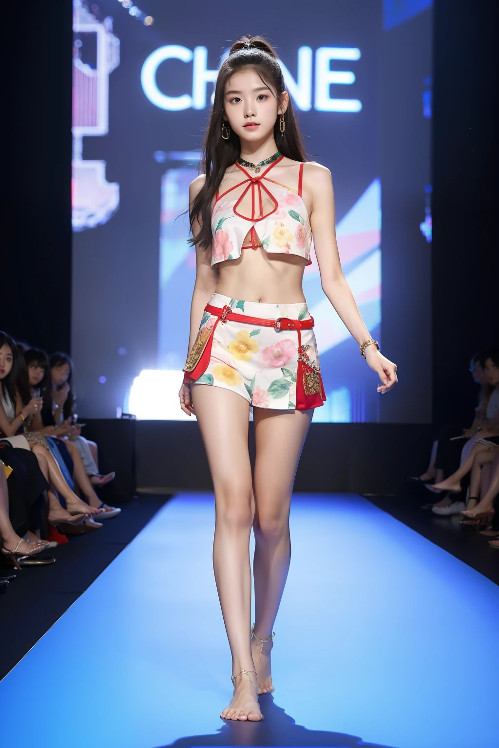 8K,A 16-year-old Chinese woman,jewelry,slimfigure,perfect bodies,Summer clothes,Fashion show,Barefoot