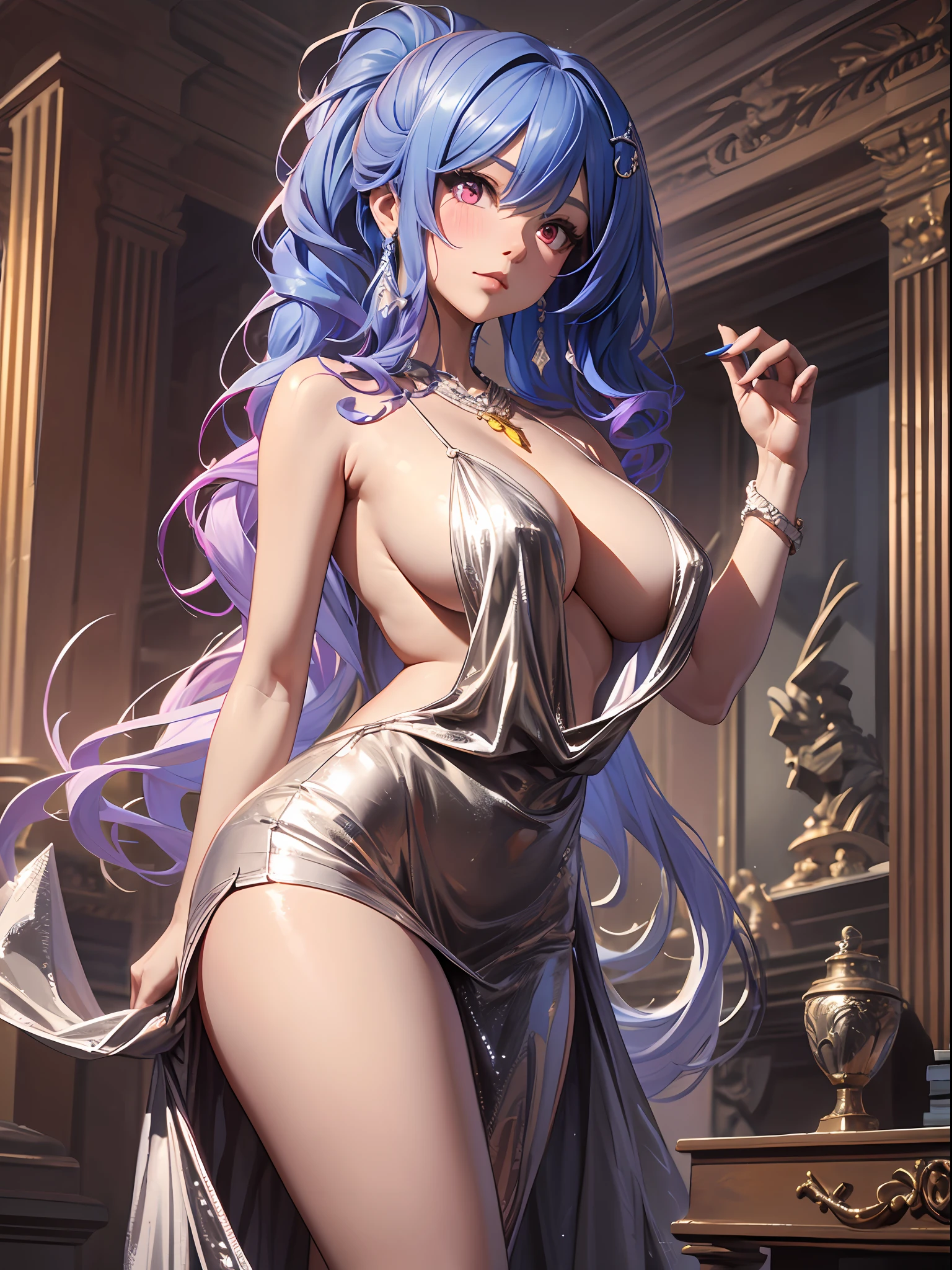 1个Giant Breast Girl!Ray traching,Best shadow,A high resolution(dim murky lights)detailedbackground(liveroom)Fluffy silver hair,plump and slender girl,With a high ponytail, Avoid golden eyes in the ominous living room(Girl wears white shirt,Black wrinkled skirt,Wear yours with black sheer pantyhose)It shows a delicate and slender figure and beautiful curves,Limbs with correct and reasonable position!hand behind head,The fingers are slender and slender!Stand dignified,detail in face!Delicate facial features!Pay attention to the details of the position of the legs!Pay attention to hand details!high high quality!More eligible!Reduce errors!Painting is more elaborate,Ultra-detailed CG,The picture is more reasonable!Pay attention to finger details!8k wallpaper,tmasterpiece,Double pupil details!Reduce eye size differences!Limit the number of fingers!,H cup big breasts,Blush,