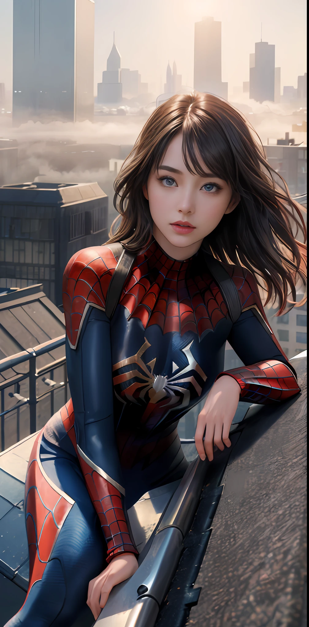 (1girl:1.3), Solo, (((Very detailed face)))), ((Very detailed eyes and face)))), Beautiful detail eyes, Body parts__, Official art, Unified 8k wallpaper, Super detailed, beautiful and beautiful, beautiful, masterpiece, best quality, original, masterpiece, super fine photo, best quality, super high resolution, realistic realism, sunlight, full body portrait, amazing beauty, dynamic pose, delicate face, vibrant eyes, (from the front), She wears Spider-Man suit, red and black color scheme, spider, very detailed city roof background, rooftop, overlooking the city, detailed face, detailed complex busy background, messy, gorgeous, milky white, highly detailed skin, realistic skin details, visible pores, clear focus, volumetric fog, 8k uhd, DSLR, high quality, film grain, fair skin, photo realism, lomography, futuristic dystopian megalopolis, translucent