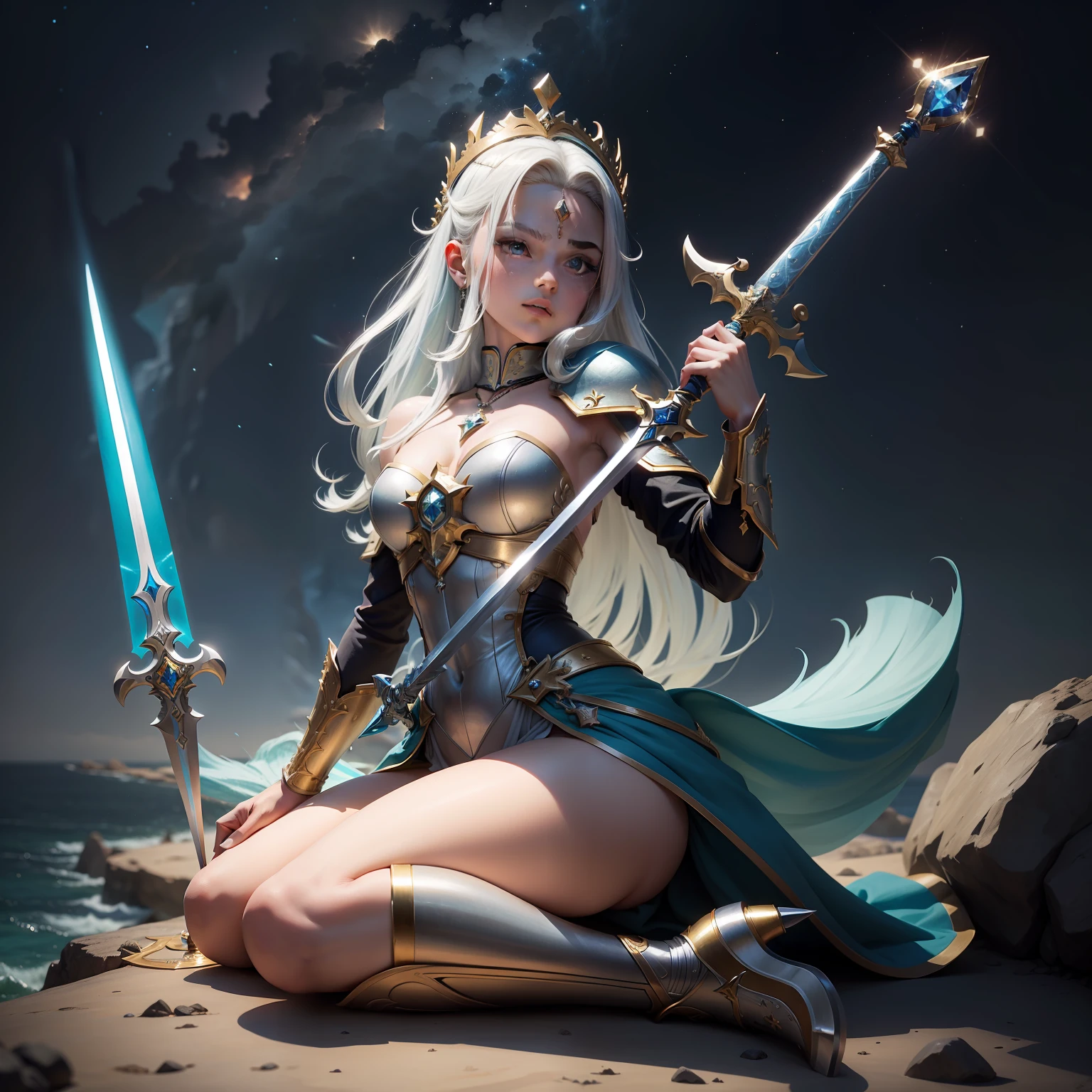 Sword of justice, feita de puro ouro, platinum blade with gold, base cravejada com pedras de azul cristalino, uma safira na ponta do cabo da espada, uma asa de ouro na lateral da base da espada. Esapada celestial, estilo fantasia, foco nítido, belissimo. --auto