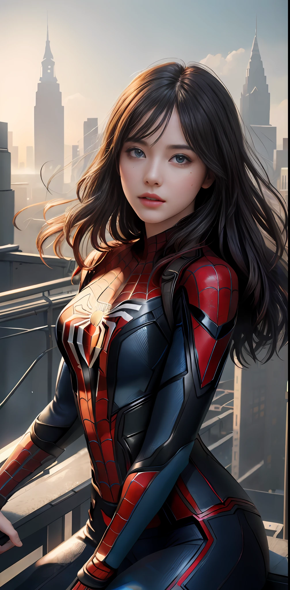 (1girl:1.3), Solo, (((Very detailed face)))), ((Very detailed eyes and face)))), Beautiful detail eyes, Body parts__, Official art, Unified 8k wallpaper, Super detailed, beautiful and beautiful, beautiful, masterpiece, best quality, original, masterpiece, super fine photo, best quality, super high resolution, realistic realism, sunlight, full body portrait, amazing beauty, dynamic pose, delicate face, vibrant eyes, (from the front), She wears Spider-Man suit, red and black color scheme, spider, very detailed city roof background, rooftop, overlooking the city, detailed face, detailed complex busy background, messy, gorgeous, milky white, highly detailed skin, realistic skin details, visible pores, clear focus, volumetric fog, 8k uhd, DSLR, high quality, film grain, fair skin, photo realism, lomography, futuristic dystopian megalopolis, translucent