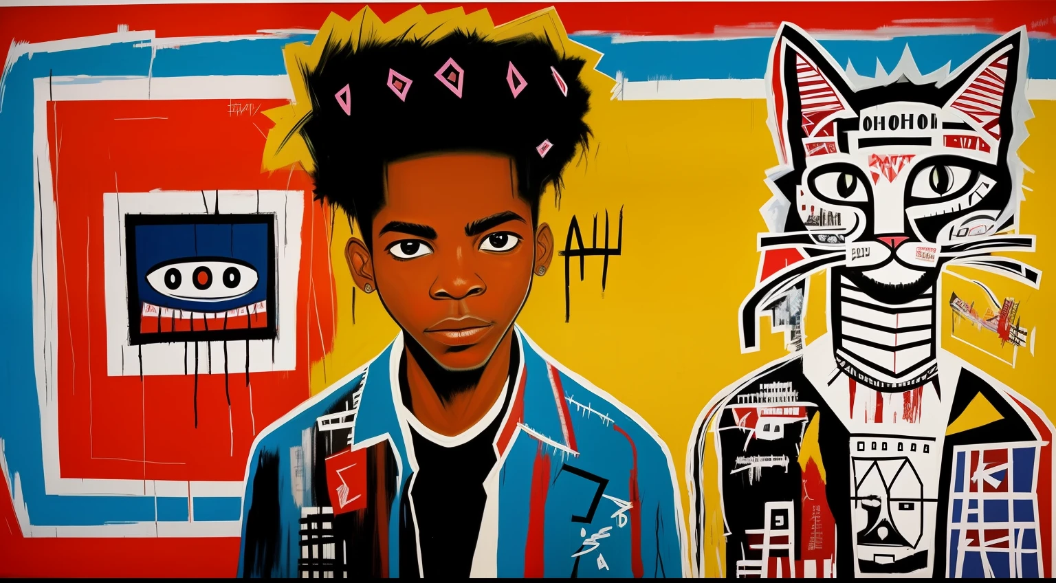 Basquiat's paintings、Painting of Cats、Detailed light、artworks、an extremely devious and beautiful、buliding、Provocative dichotomy