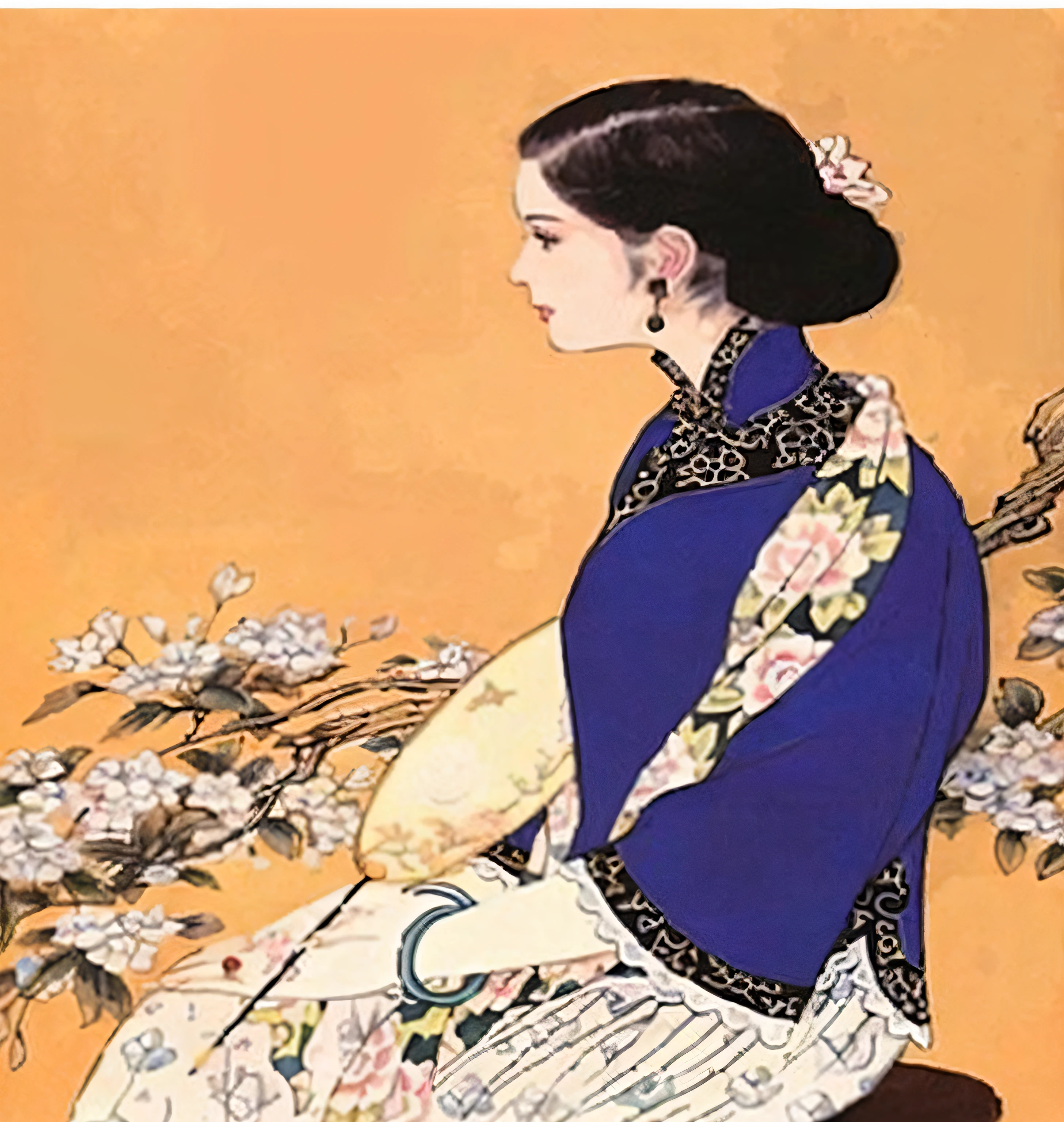 Illustration of a woman sitting on a chair with flowers in her hair, inspired by Uemura Shōen, elegant japanese woman, Inspired by Yun Shouping, making: Uemura Shōen, An ancient Chinese beauty, Inspired by Yun-Fei Ji, palace ， a girl in hanfu, shinsui ito, Chinese woman