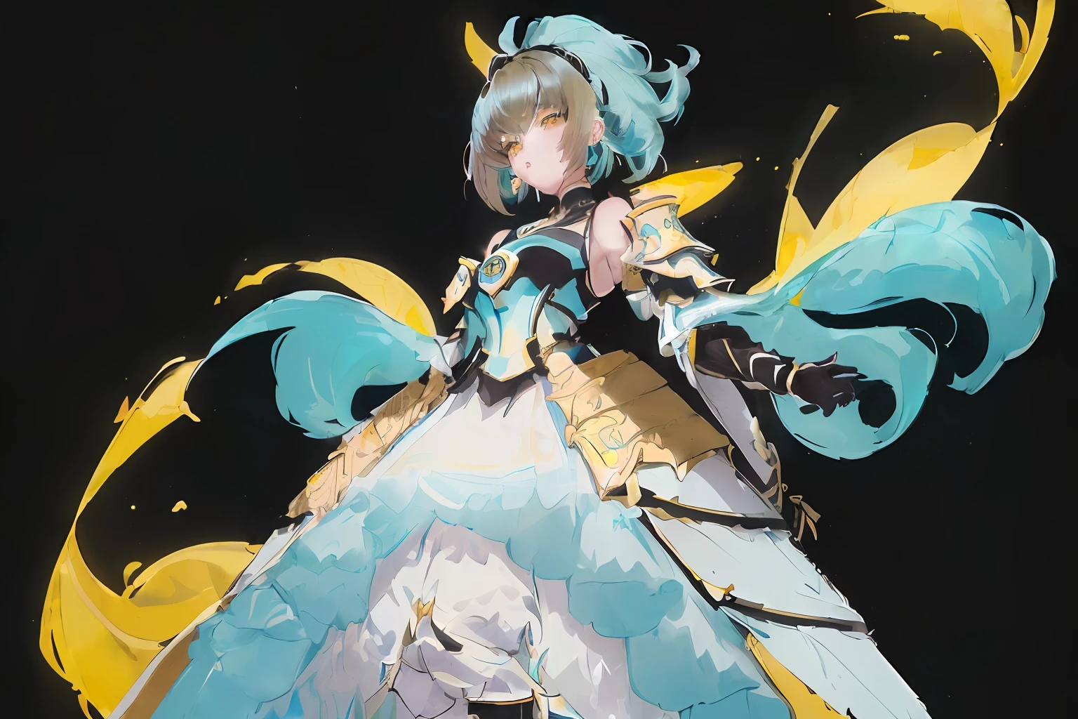 GenshinAvatar, ((full body)), (a woman with poofy short cyan hair and yellow eyes:1.4), highly_detailed, illustration, portrait, (((masterpiece))),(((bestquality))), (black_background:1.4), simple_background, highly intricate accessories, highly intricate clothes, white dress, gold trim, Lightblue hair, bright color, earrings, armor, shoulder armor, hairband, fear expression