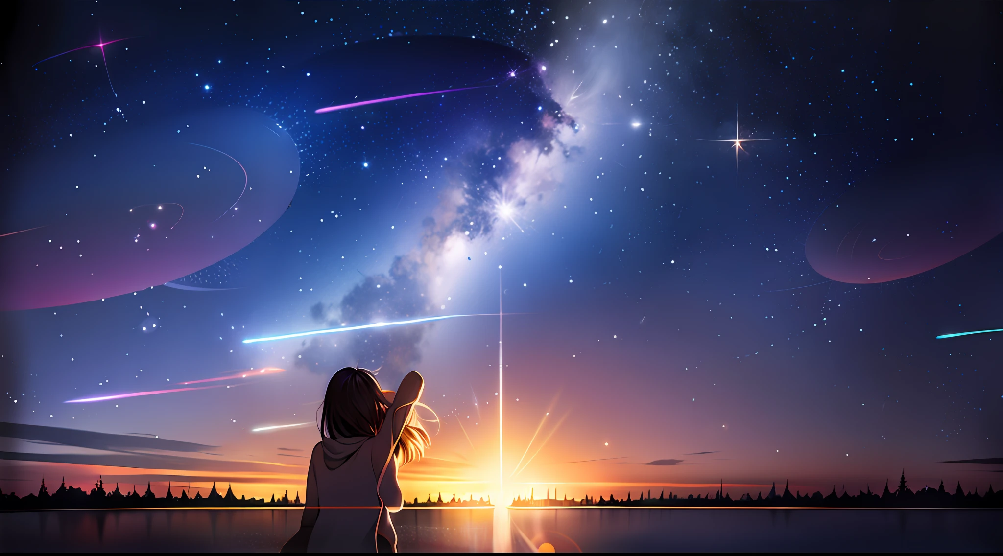 Anime girl looking at the stars in the sky, makoto shinkai cyril rolando, Star(skyporn) starrysky_skyporn, cosmic sky. by makoto shinkai, Starry sky!!, girl looks at the space, By Shinkai Makoto!, makoto shinkai art style, Looking to the stars, By Shinkai Makoto!!, looking at the stars