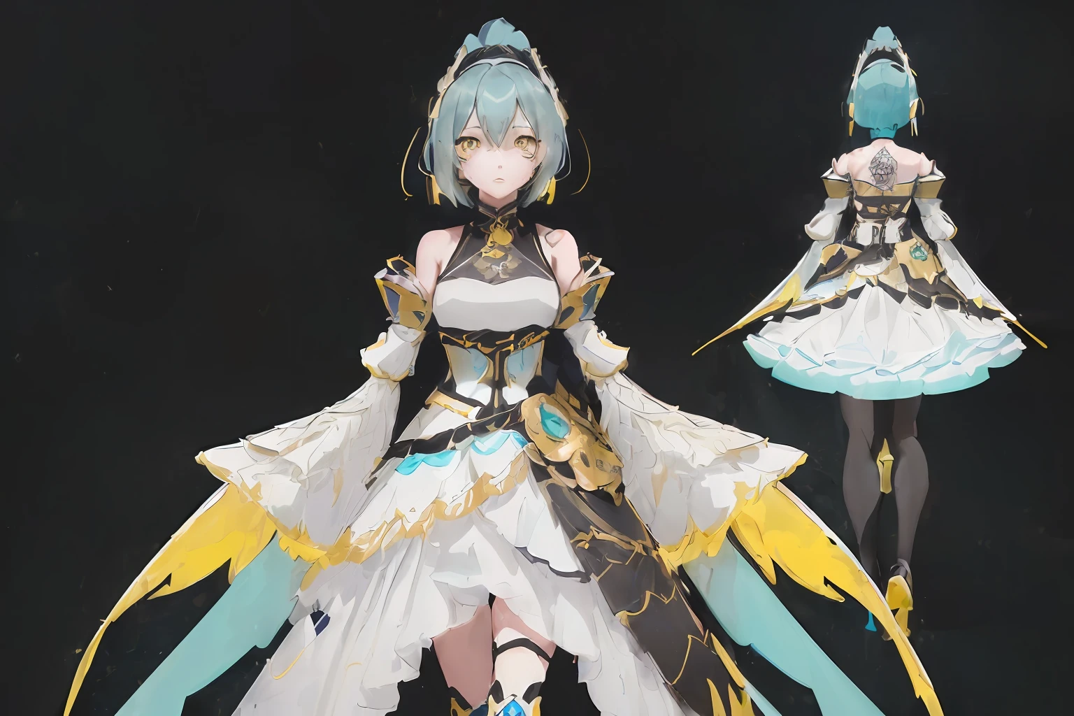 GenshinAvatar, ((full body)), (a woman with poofy short cyan hair and yellow eyes:1.4), highly_detailed, illustration, portrait, (((masterpiece))),(((bestquality))), (black_background:1.4), simple_background, highly intricate accessories, highly intricate clothes, white dress, gold trim, Lightblue hair, bright color, earrings, armor, shoulder armor, hairband, fear expression