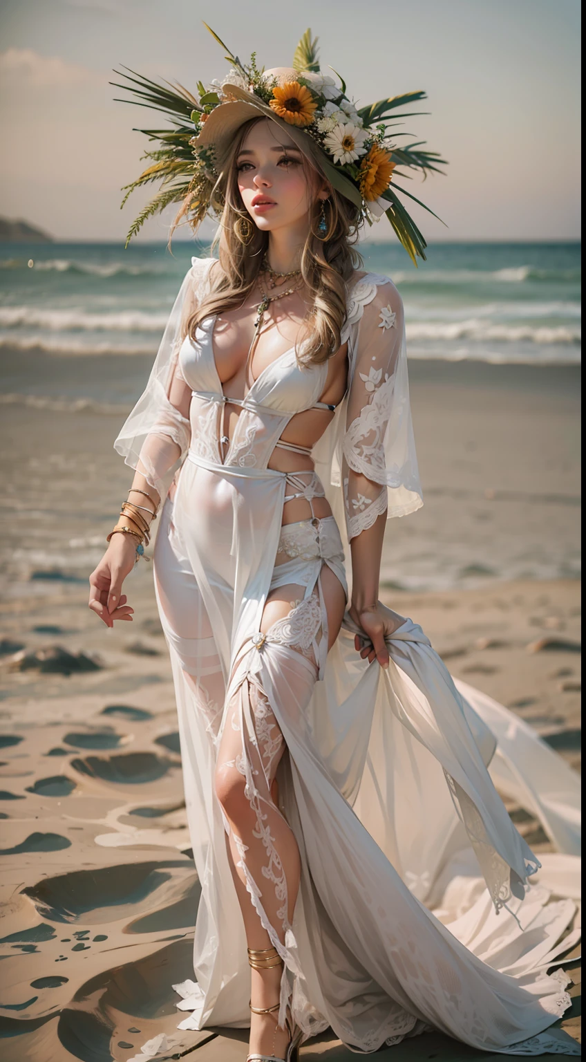 Beautiful woman in insanely Boho Beach Bride Outfit