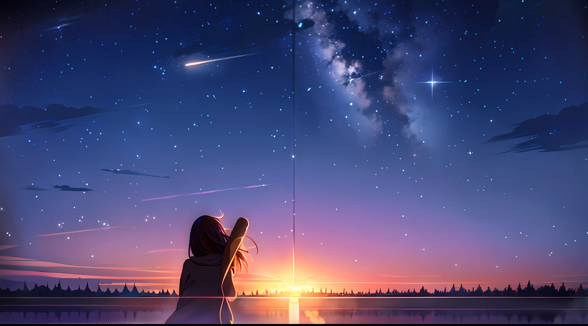 Anime girl looking at the stars in the sky, makoto shinkai cyril rolando, Star(skyporn) starrysky_skyporn, cosmic sky. by makoto shinkai, Starry sky!!, girl looks at the space, By Shinkai Makoto!, makoto shinkai art style, Looking to the stars, By Shinkai Makoto!!, looking at the stars