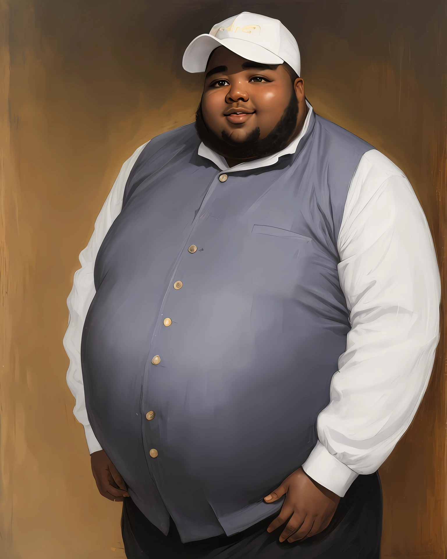 Fat black man wearing cap White portrait looking at camera