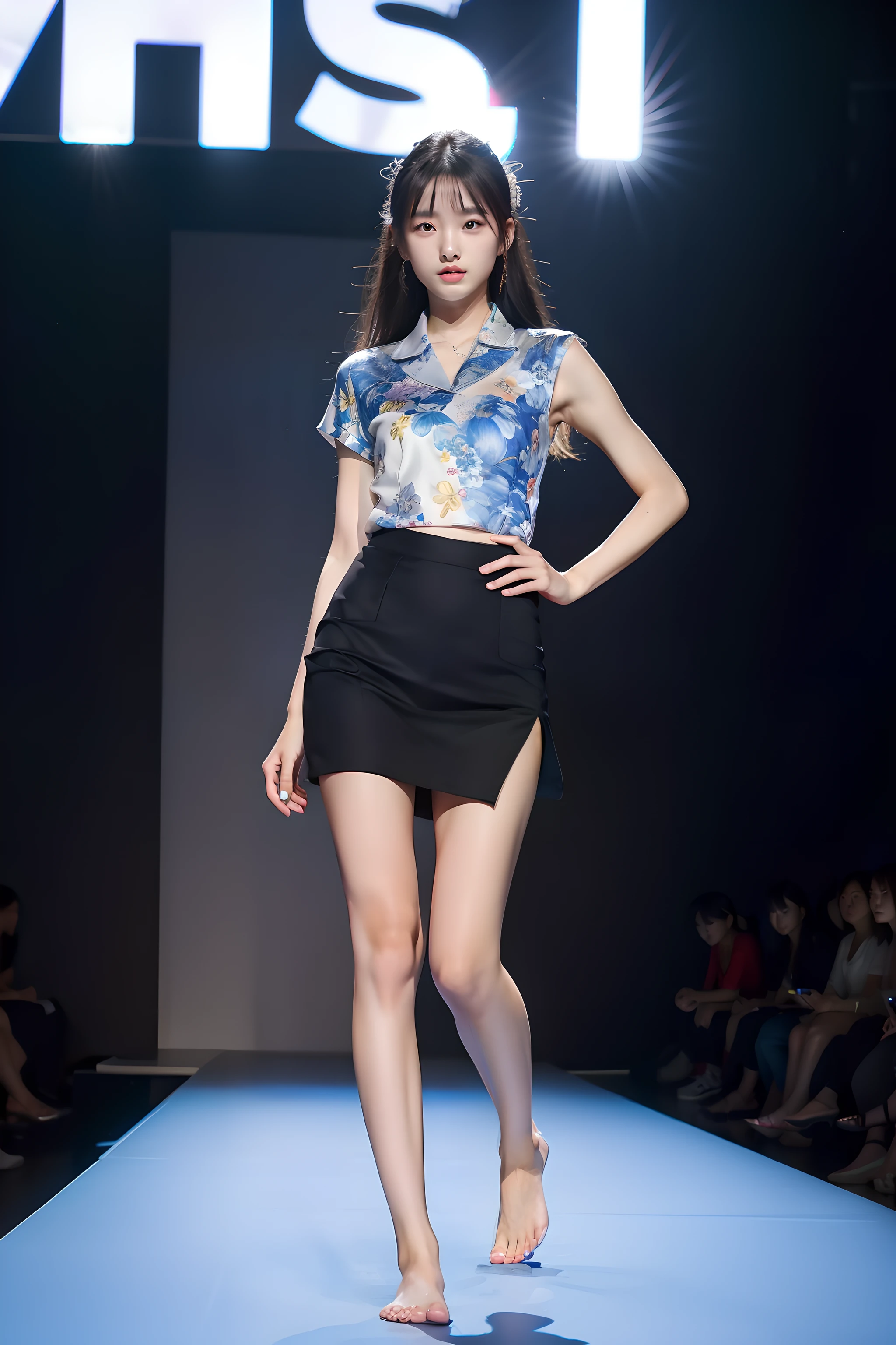 8K，A 16-year-old Chinese woman，jewelry，slimfigure，perfect bodies，Summer clothes，Fashion show，Barefoot