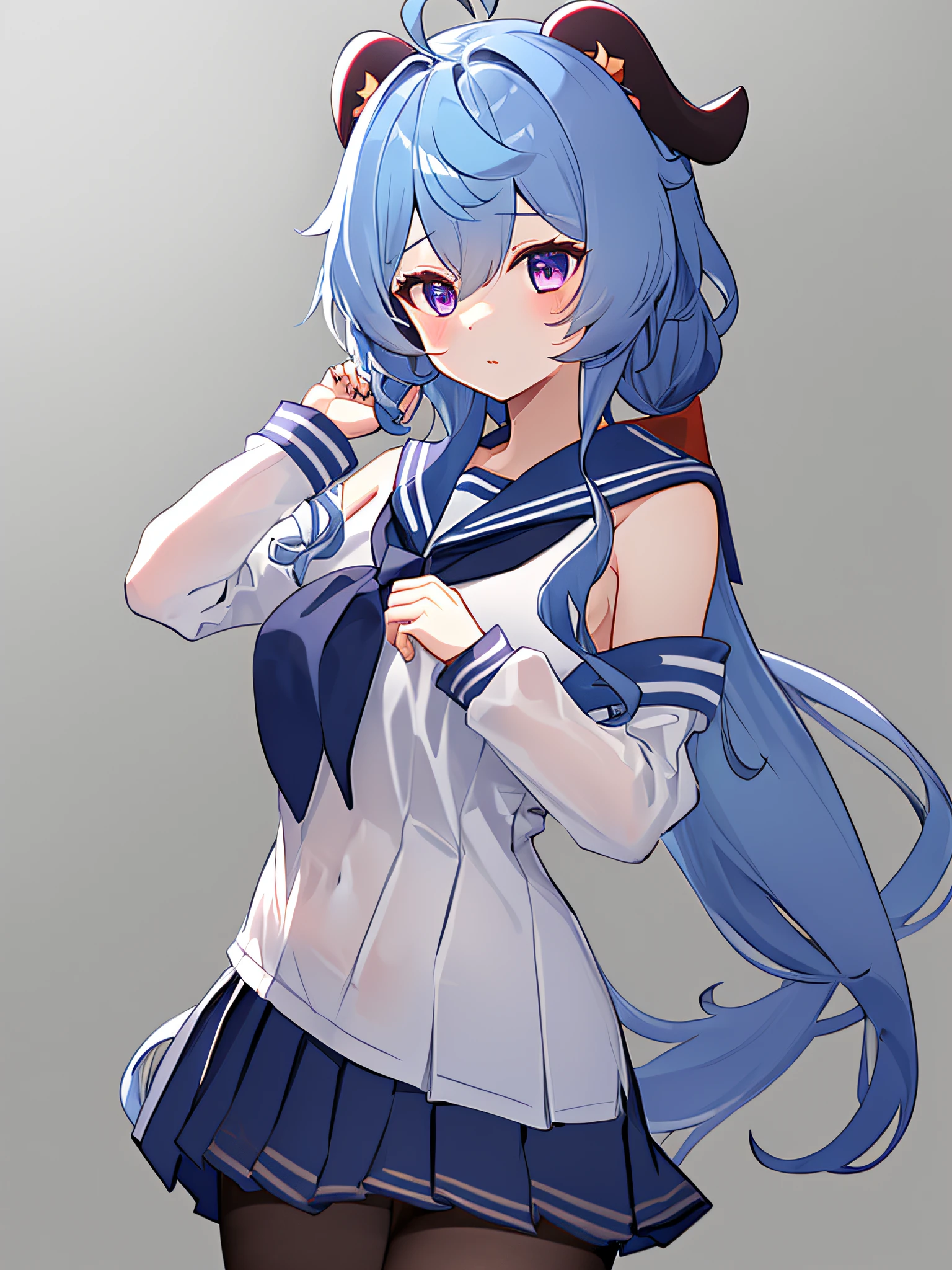 Gamō \(GenshinImpact\), 1girl in, Ahoge, bangss, Plain shoulders, NUD,  Black pantyhose, ((a sailor suit)),((Dark blue pleated skirt,Blue sailor color)),((Blue-haired)),simple background,  banya, The long-haired, see the beholder, (Medium chest),(teats), Purple eyes, side locks, 独奏, tassels, White sleeves, ((​masterpiece)),(best qualtiy),(ultra-detailliert),(a high chroma)