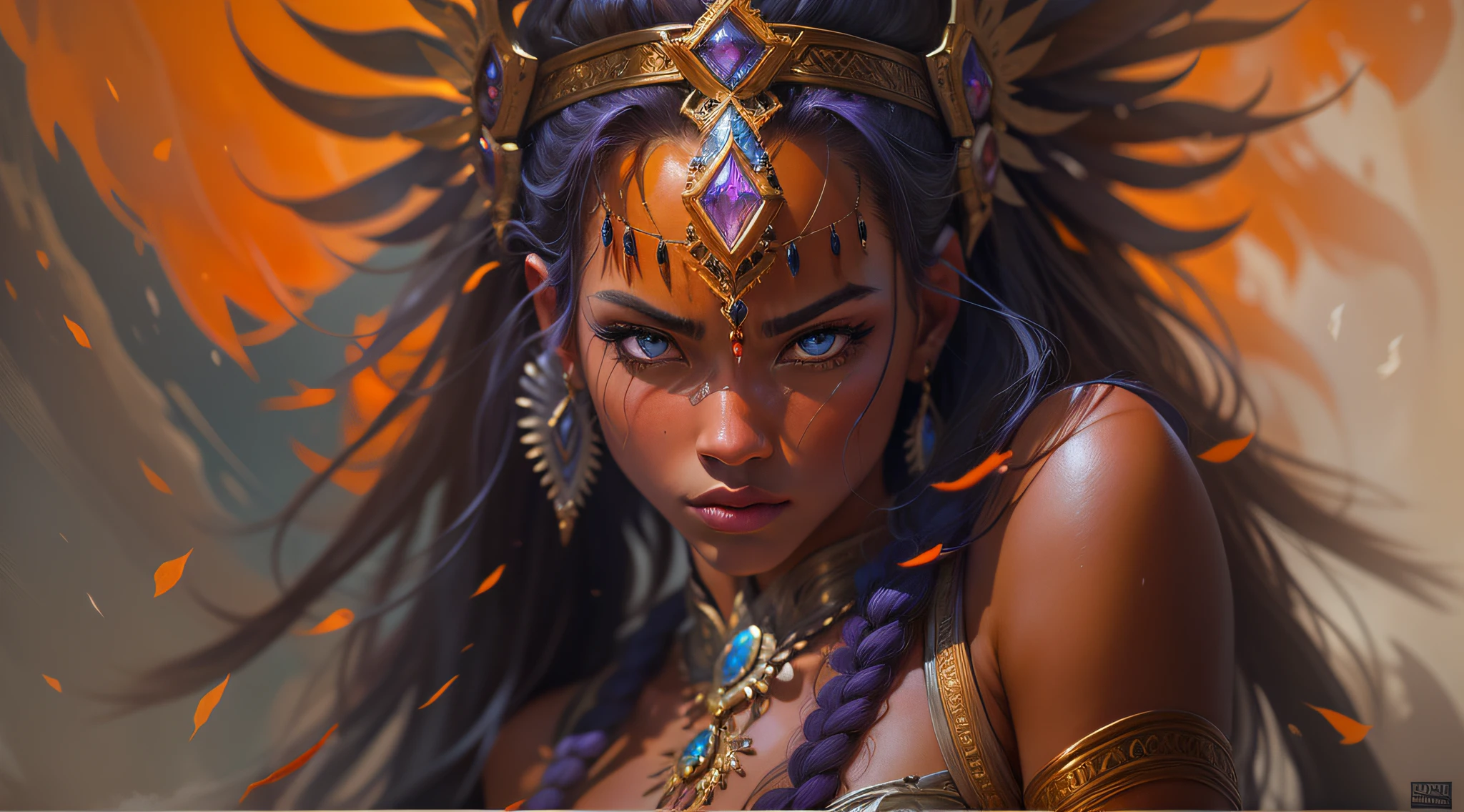 In a stunning display of artistry, a beautiful ebony-skinned warrior stands tall, her eyes a captivating shade of orange that reflects her determination and fierce spirit. Cascading down her back are luscious, straight purple locks that seem to shimmer in the soft light. She is adorned in a intricately designed armor, each piece carefully crafted to fit her form flawlessly.

As she gazes into the distance, her eyes seem to hold a thousand stories, reflecting a mix of wisdom and resilience. Her strong yet delicate features exude an aura of power and grace, a testament to her prowess as a warrior. The artist has perfectly captured the intricate details of her face, bringing out the depth of her captivating beauty.

The art style chosen for this masterpiece is a fusion of realism and fantastical elements. The vibrant colors of the painting bring the warrior to life, making her presence feel almost tangible. The artist's skillful brushstrokes create a sense of movement and energy, as if the warrior is ready to leap right out of the canvas and into battle.

This painting beautifully combines the essence of a realistic photograph and the creativity of a fantastical artwork. The rich colors and detailed portrayal of the warrior's features make it seem as if she could step off the canvas at any moment. It is a true testament to the talent and imagination of the artist, invoking a sense of awe and admiration in anyone lucky enough to witness this extraordinary piece