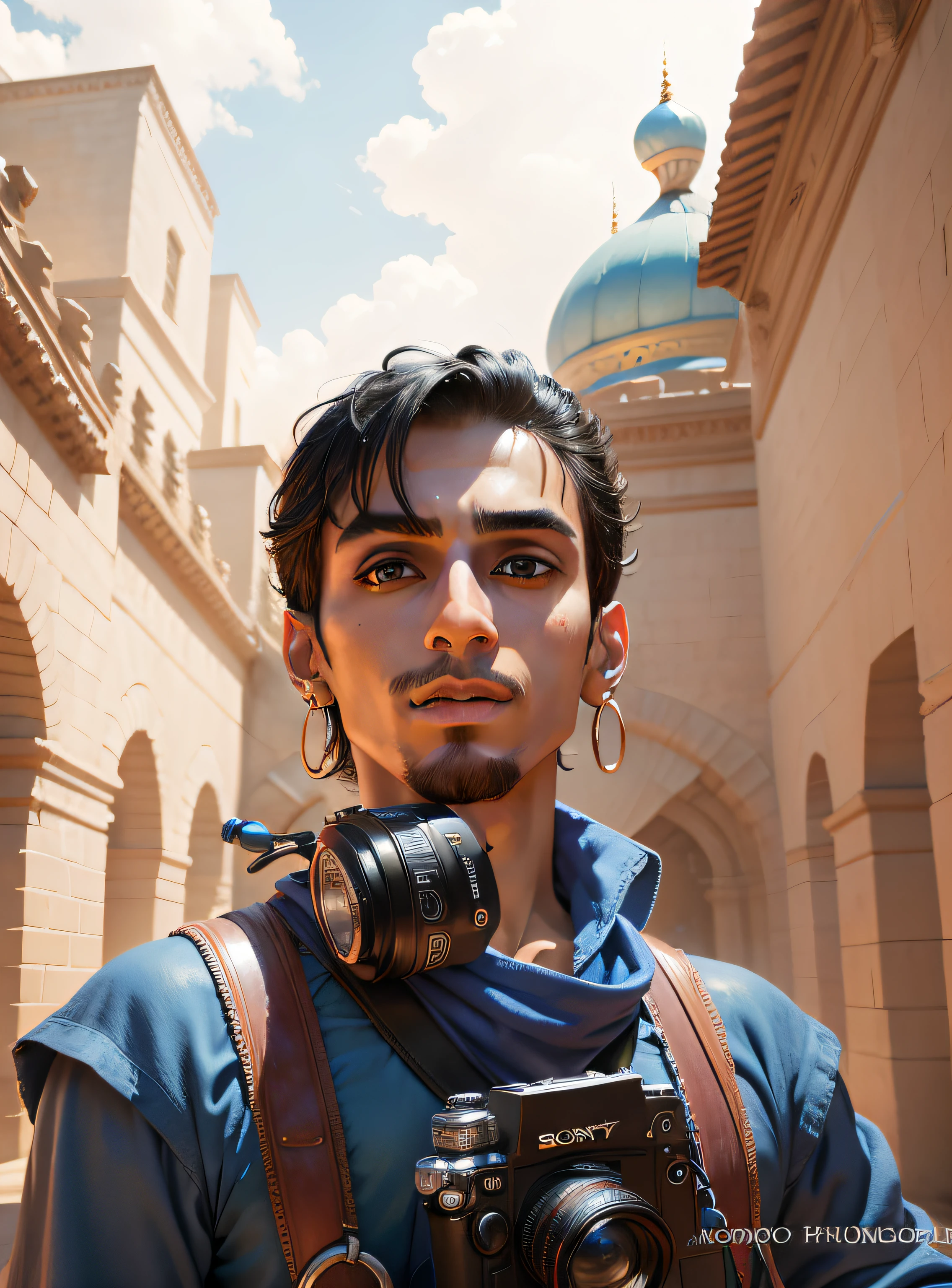 Cartoony,Aladdin,k hd,photographers,Look ahead,eyes are blue,There is a Sony camera on the chest,Camera HD,Two headphones hung around his neck,The sky is blue,No earrings