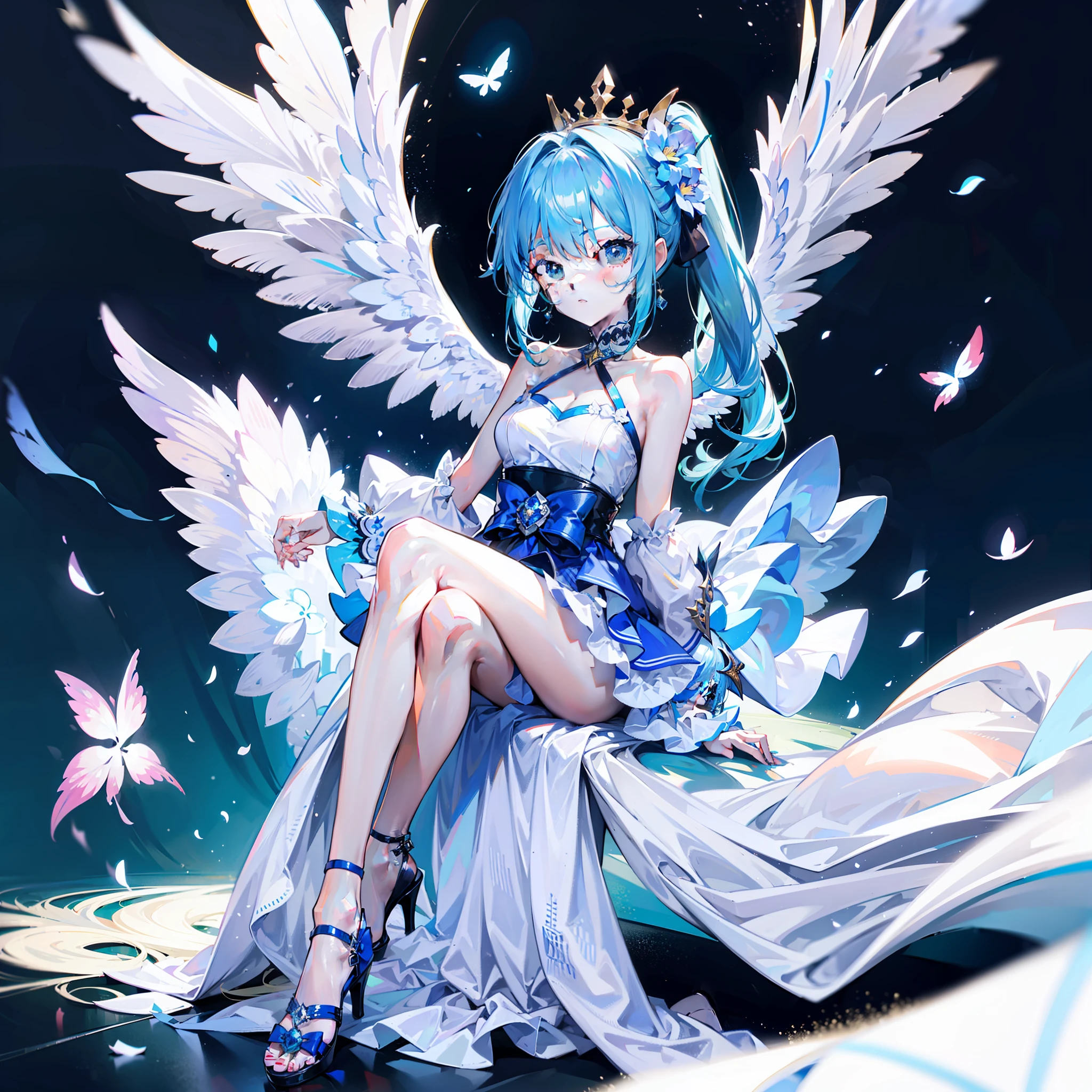 Campus background，12-year-old girl，lightblue hair，She has a long ponytail，an orchid flower，Light blue 10cm heels，Light blue bow,White top，cropped shoulders，Short light blue skirt，light blue  hair，Light eyes，white  clothes，thin very long legs，Angel white wings，Cute and sweet，Rejoice，full bodyesbian，high high quality