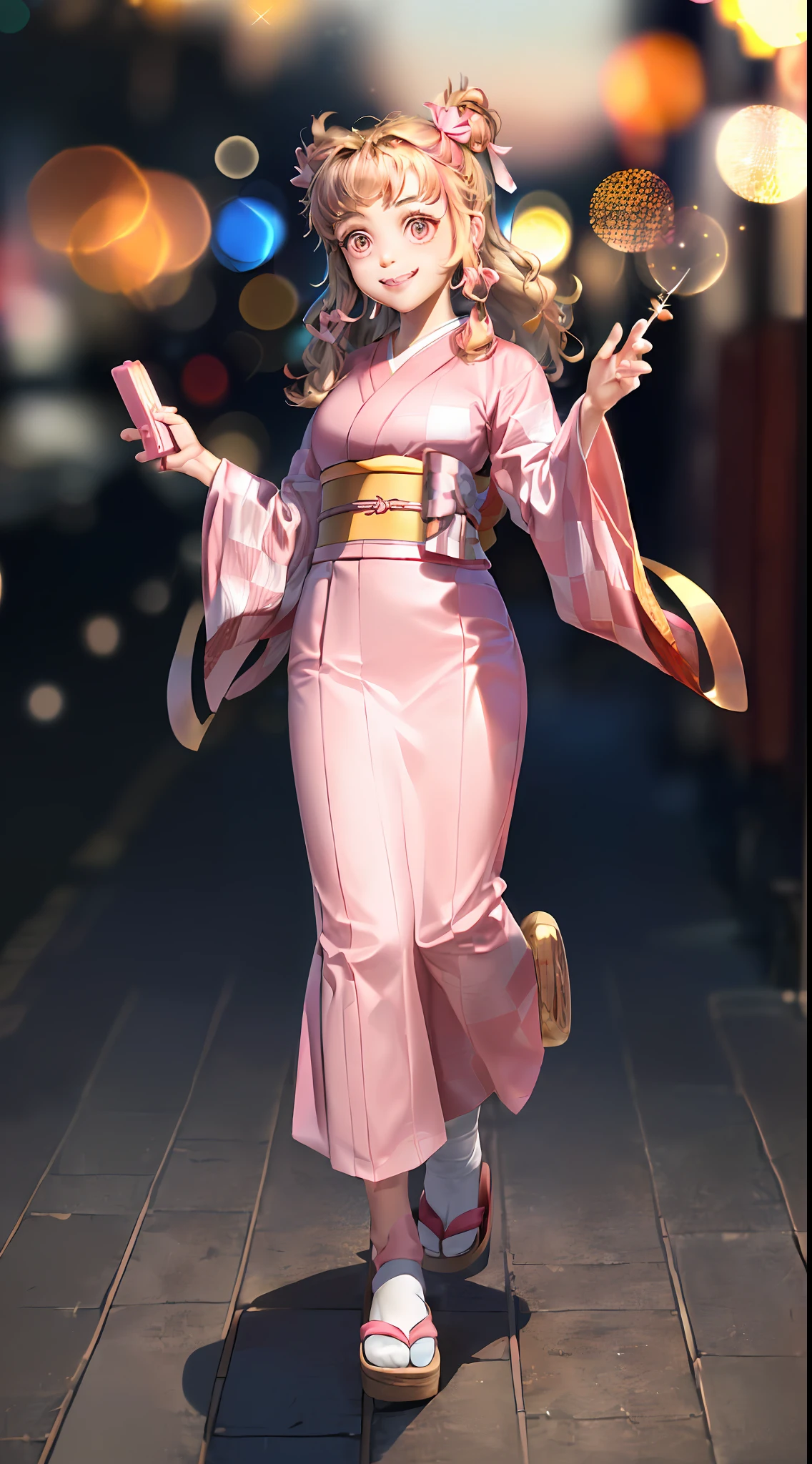 Masterpiece, Best Quality, High Resolution, Venus1, 1Girl, Solo, Kamato Nezuko, Bamboo, Brown Hair, (((((Pink Ribbon)) Checkered Belt, No Gag, NO Gag, Gradient Hair, Haori, Japanese Clothing, Kimono, Long Hair, Looking Forward at Sunset Smiling, Pink Eyes, Pink Kimono, Pink Ribbon, Solo, Full Body, Front, Bokeh Background (85mm Lens), Front Camera, Resolution 1366 x 768