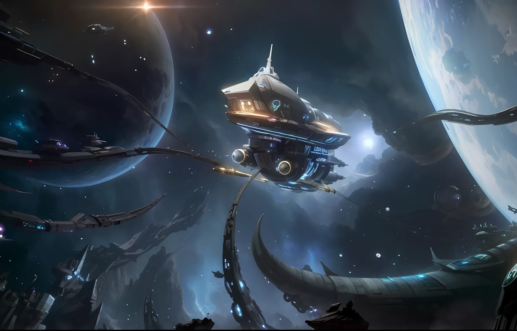 The spaceship flew over the space station with a giant octopus, Space Corsair, an epic space ship scene, borne space library artwork, painting of ornate space ship, Scary scary spaceship, Sci-fi fantasy wallpaper, Riot game concept art, epic scifi fantasy art, amazing space creature 4 k, depicted as a scifi scene, intricate machine in space