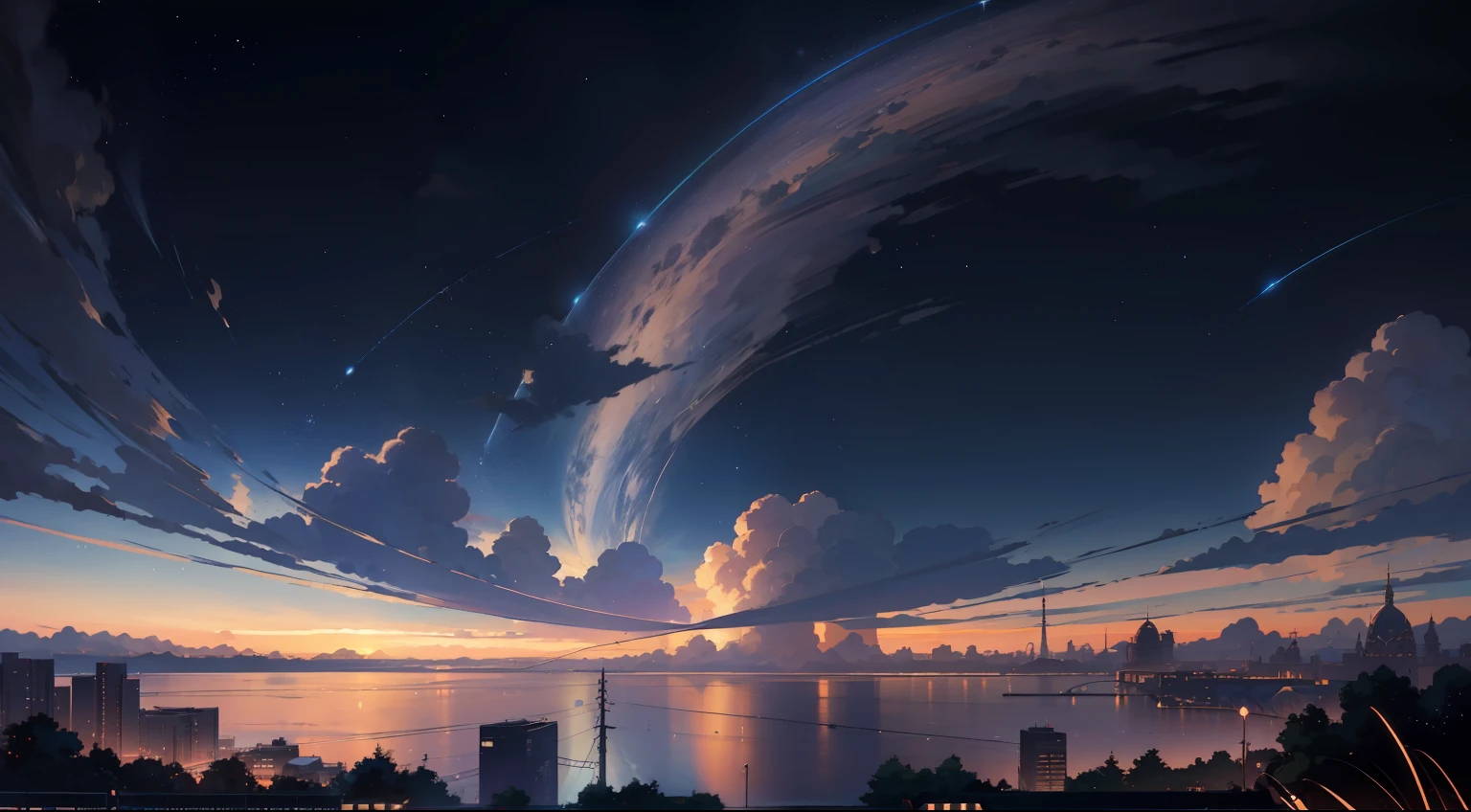 Anime scenery of a city with a starry sky, cosmic sky. by makoto shinkai, 4k anime wallpaper, starry sky 8 k, anime art wallpaper 4k, anime art wallpaper 4k, anime wallpaper 4k, anime wallpaper 4 k, Anime art wallpaper 8k, anime movie background, Anime Background, amazing wallpapers