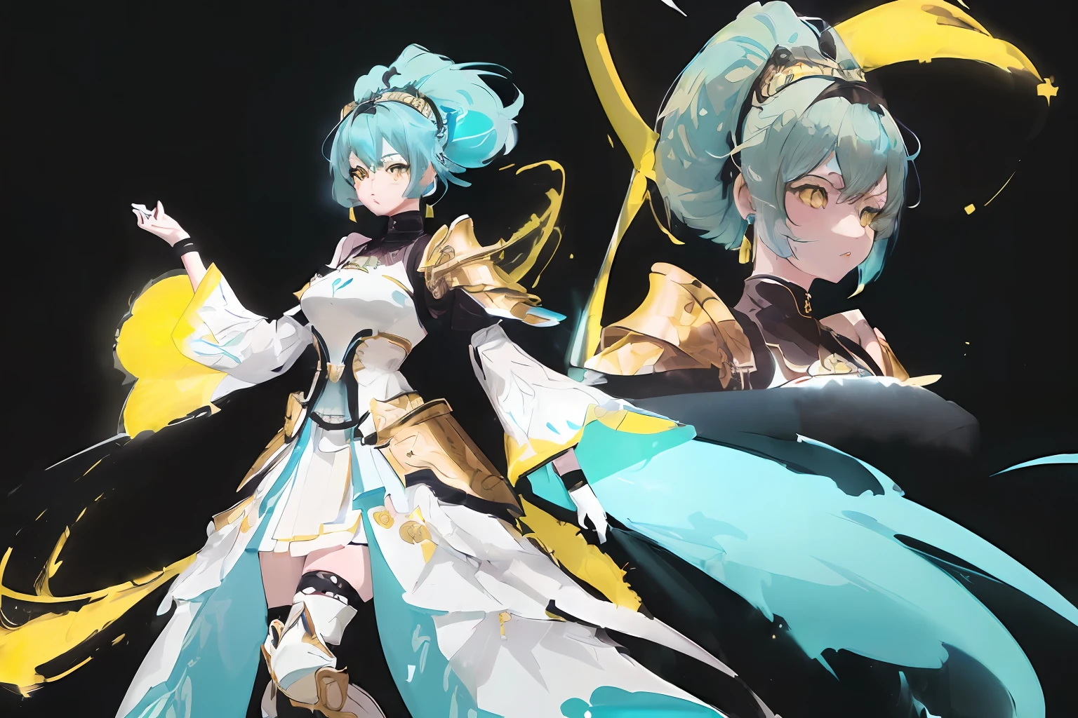 GenshinAvatar, ((full body)), (a woman with poofy short cyan hair and yellow eyes:1.4), highly_detailed, illustration, portrait, (((masterpiece))),(((bestquality))), (black_background:1.4), simple_background, highly intricate accessories, highly intricate clothes, white dress, gold trim, Lightblue hair, bright color, earrings, armor, shoulder armor, hairband, fear expression