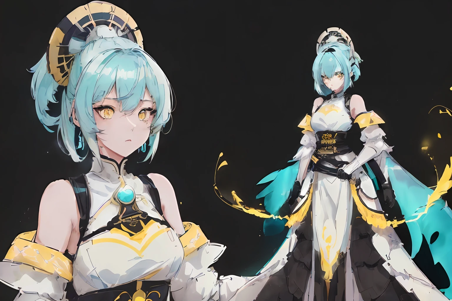 GenshinAvatar, ((full body)), (a woman with poofy short cyan hair and yellow eyes:1.4), highly_detailed, illustration, portrait, (((masterpiece))),(((bestquality))), (black_background:1.4), simple_background, highly intricate accessories, highly intricate clothes, white dress, gold trim, Lightblue hair, bright color, earrings, armor, shoulder armor, hairband, fear expression