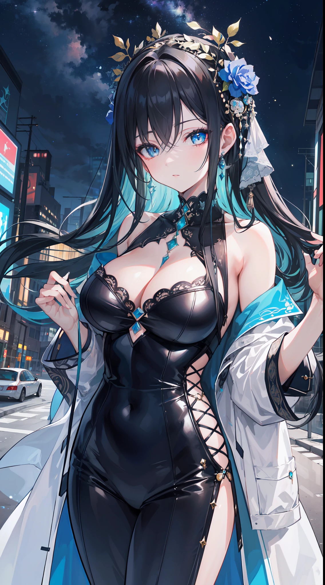 "Epic nightsky of a futuristic city filled with symphonies and music; a stunning 4k artwork showcases a mature female with black hair adorned with intricate decorations. Her captivating blue eyes reveal her identity as the goddess of symphony, yet she exudes an air of laziness in her demeanor."