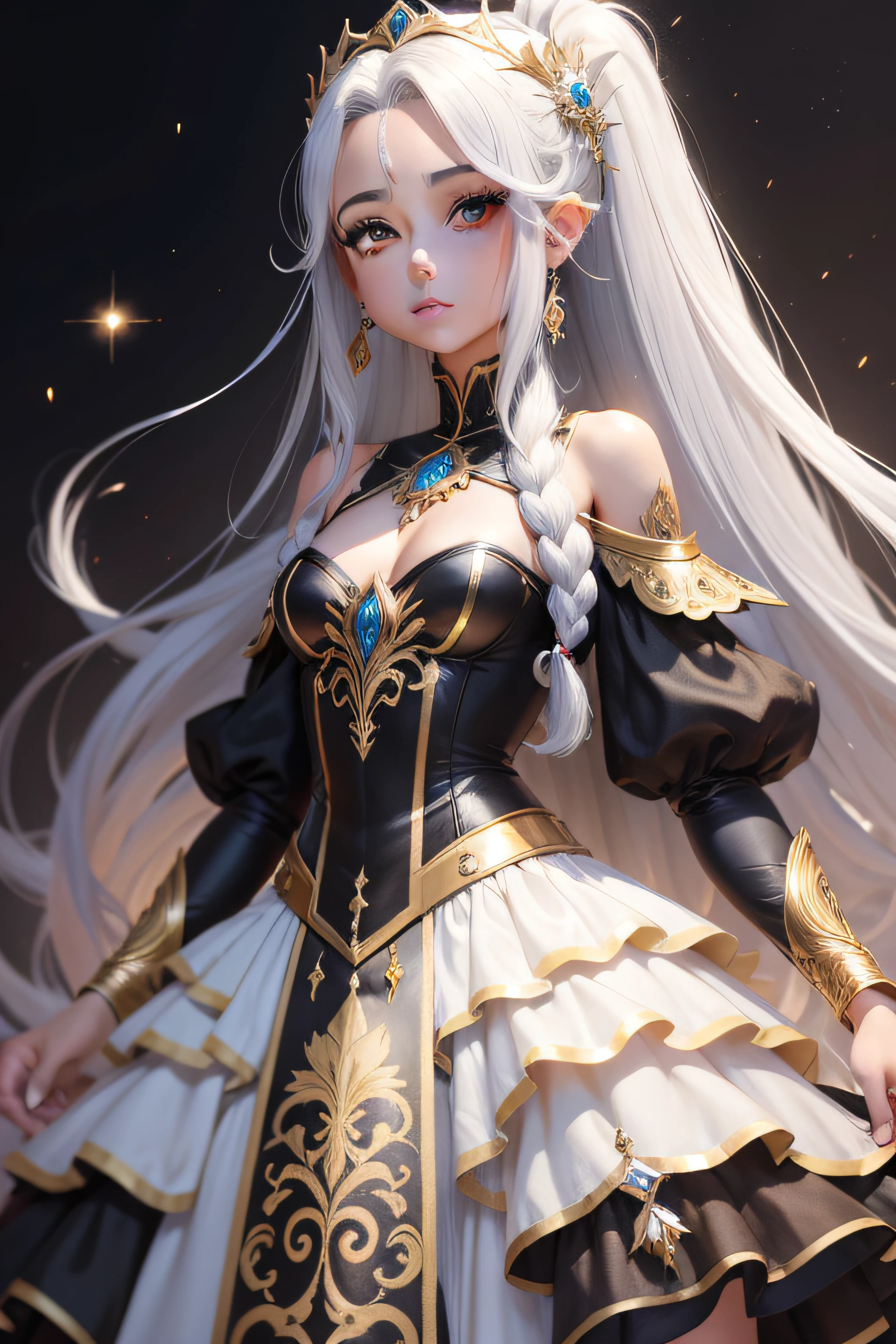 fada com cabelo e olhos brancos, fofa e madura ao mesmo tempo, pele sem defeitos. roupa em estilo de anime na cor prata com detalhes em diamante, asas brilhantes