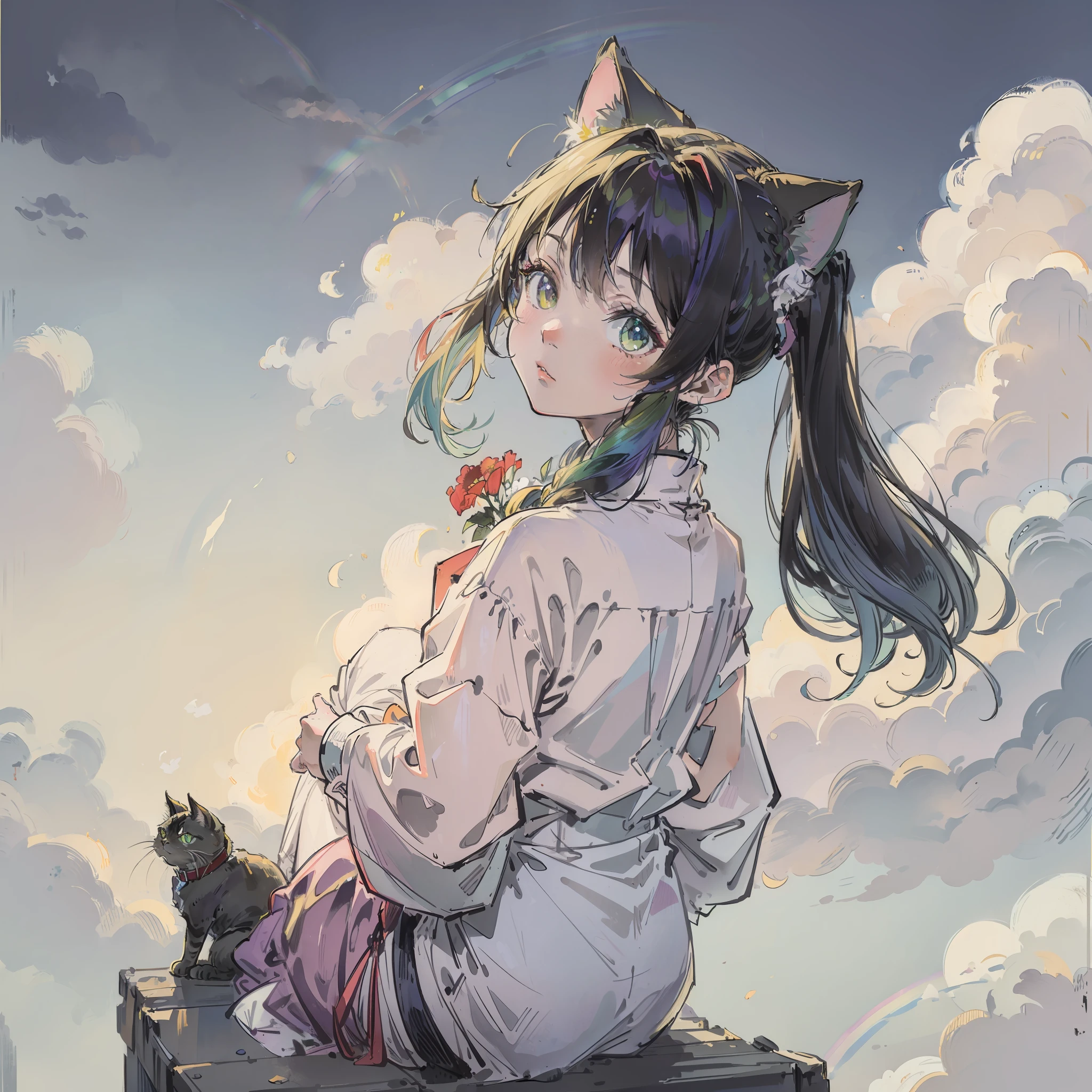 (top-quality、masterpiece)、A stunning、Take a cute cat、(rainbow-colored hair)、(Twin-tailed)、fullmoon、backstreet