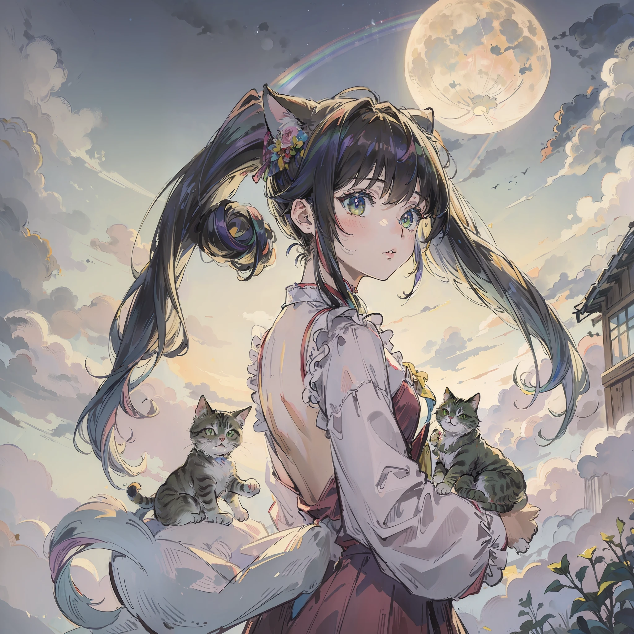 (top-quality、​masterpiece)、A stunning、Take a cute cat、(rainbow-colored hair)、(Twin-tailed)、fullmoon、backstreet