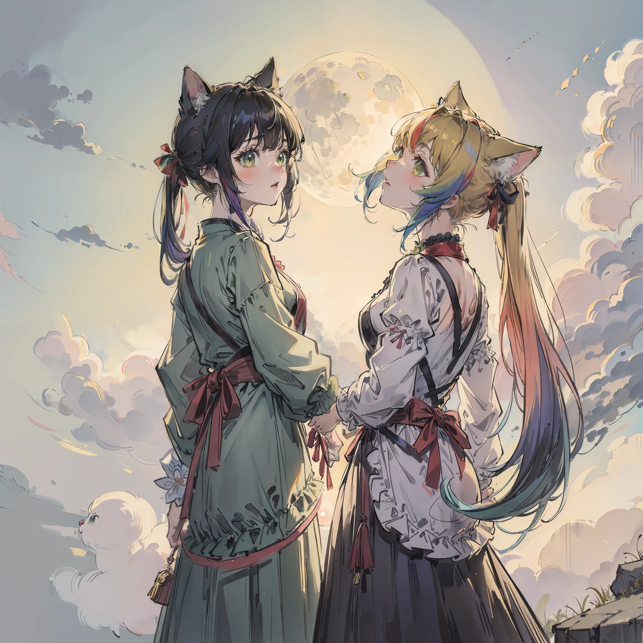 (top-quality、masterpiece)、A stunning、Take a cute cat、(rainbow-colored hair)、(Twin-tailed)、fullmoon、backstreet