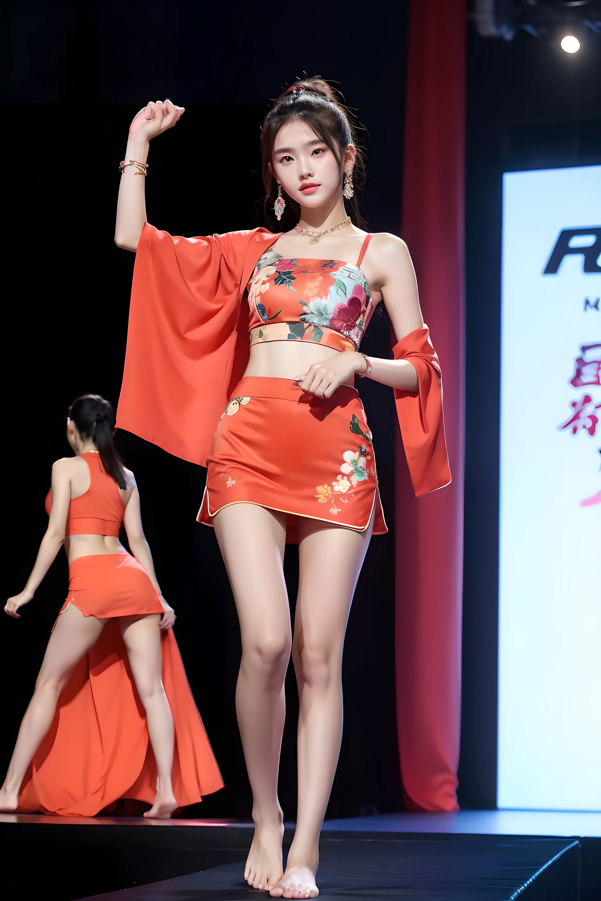 8K，A 16-year-old Chinese woman，Summer clothes，jewelry，slimfigure，perfect bodies，Fashion show，Barefoot