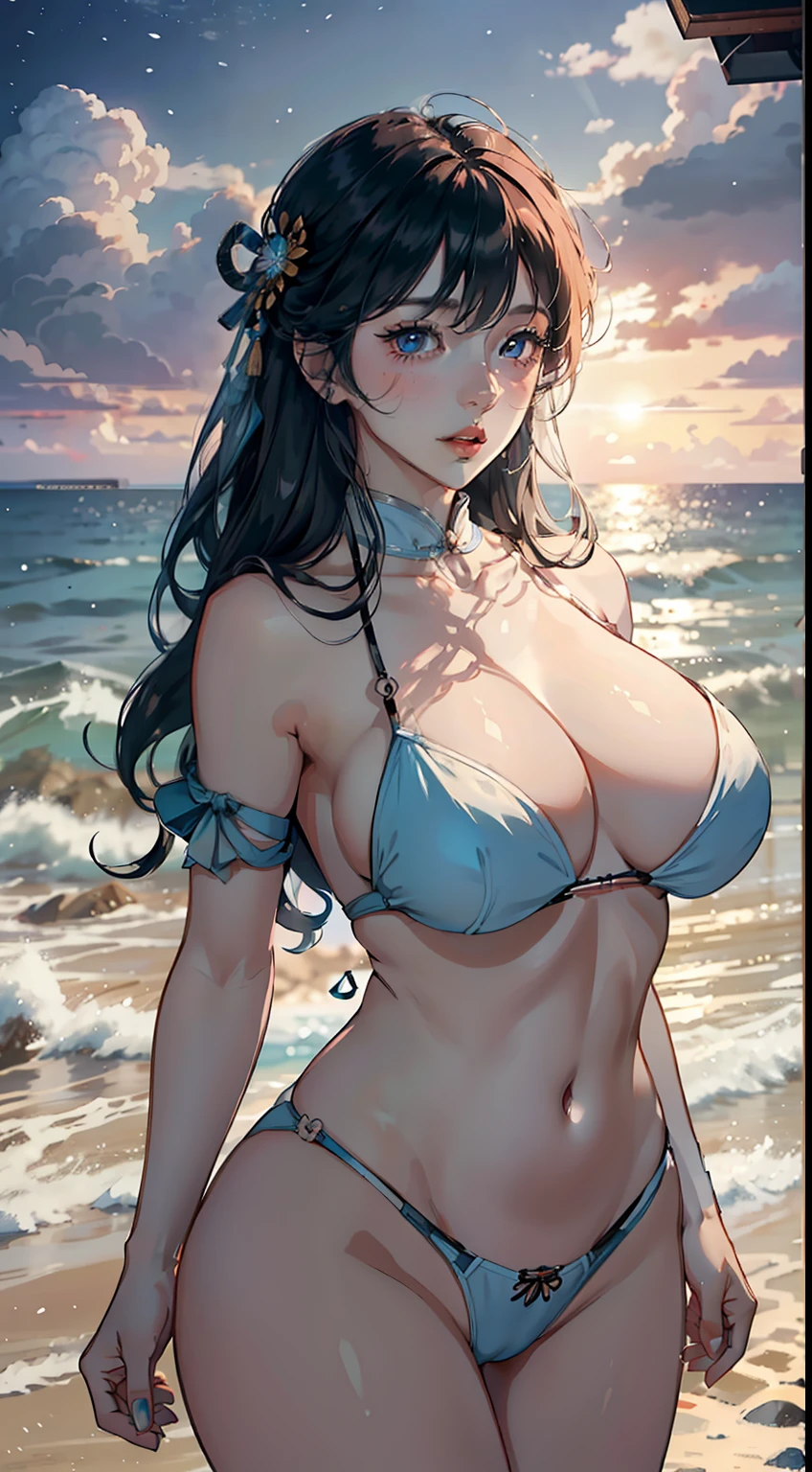1female, old,Huge breasts, no headwear,独奏,Samurai of Japan, blue bikini,the sea,at winter season,Blizzard,White court costume, Pornographic exposure,Skysky,the night, She has long flowing black hair,Very long hair, Bare genitalia,Bigchest, From the front side, curlies, ,mostly cloudy sky,(((tmasterpiece),(Very detailed CG unity 8K wallpaper),best qualtiy,cinmatic lighting,detailed back ground,beatiful detailed eyes,Bright pupils,(Very fine and beautiful),(Beautiful and detailed eye description),ultra - detailed,tmasterpiece,)),facing at camera,A high resolution,ultra - detailed),standing on your feet,legs are open,Emotive expressions,Open-mouthed,Chest sagging,nakeness, Bulge,Expose the genitals,revealing breasts,Camel toes,with no underpants,extremely large bosom,Extremely colorful,Most detailed,fully body photo,The face is well lit,NOWAI