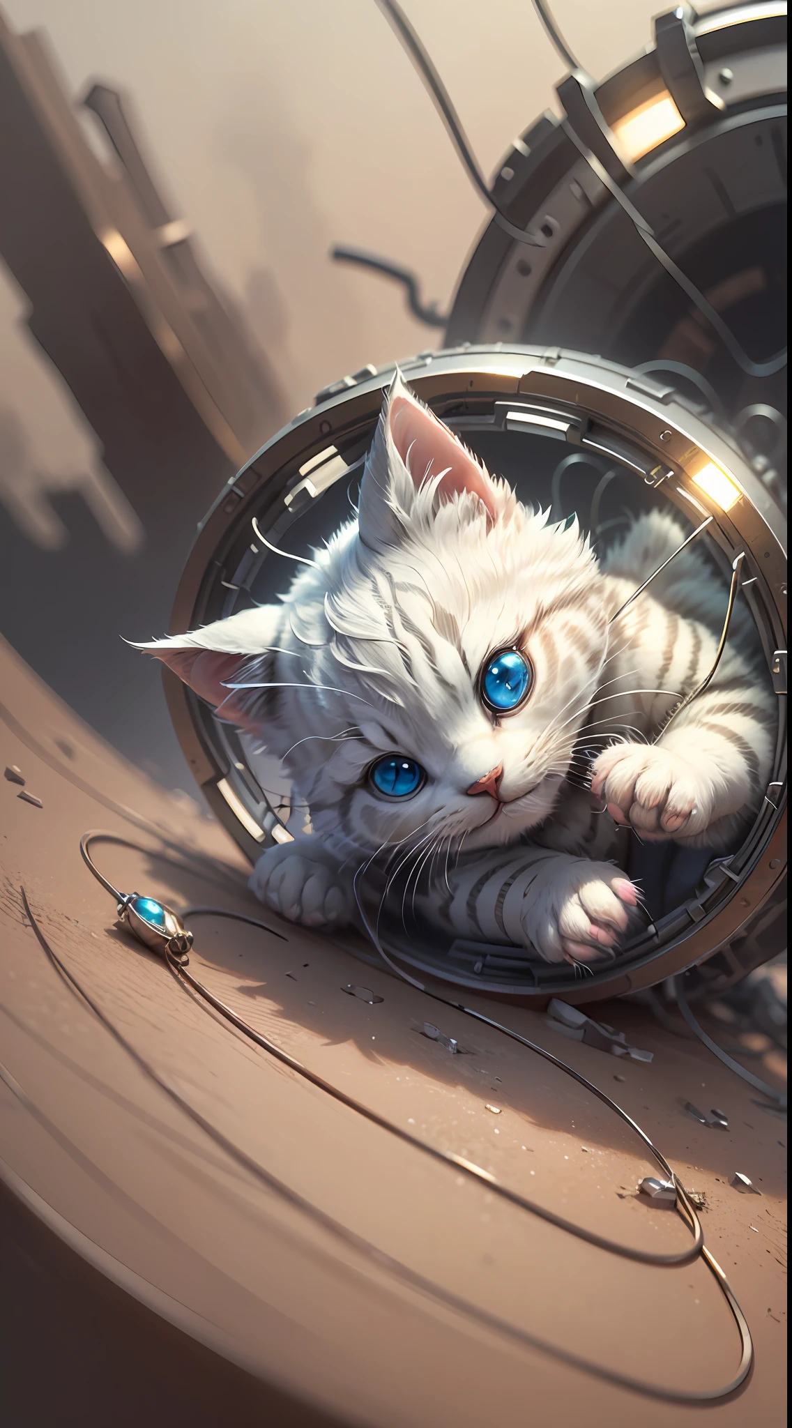 A cute metallic white fur kitten，(Cyborg:1.1)，([Tail|detailed wire]:1.3)，(complexdetails)，hdr，(complexdetails，ultra - detailed:1.2)，Cinema lenses，Halo shadow，at centre，White-haired kitten！！！，red colour，ssmile，Funny，crystal，brightly，shaggy，