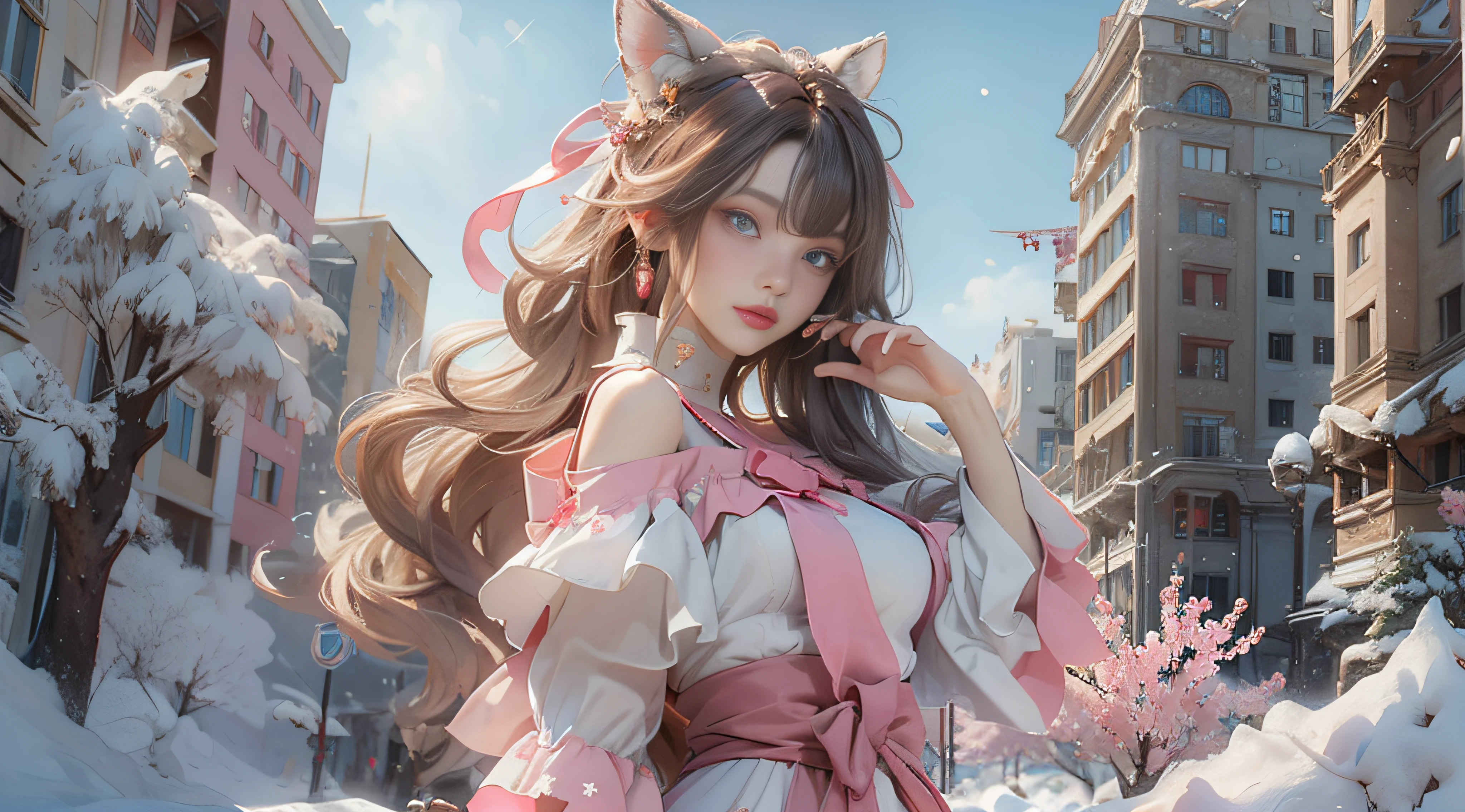 ((best qualtiy)), ((tmasterpiece)), (detail:1.4), Beautiful cyberpunk female images,hdr(HighDynamicRange),Ray traching,NVIDIA RTX,Hyper-Resolution,illusory 5,sub surface scattering,PBR textures,post-proces,Anisotropy Filtering,depth of fields,maximum definition and sharpness,Many-Layer Textures,Albedo e mapas Speculares,Surface coloring,Mitsu-Accurate simulation of material interactions,perfectly proportioned,rendering by octane,Two-colored light,largeaperture,Low ISO,White balance,Rule three points、8K raw data、Beautiful bright blue pupils,off-the-shoulder clothes,Fine pupils,Delicate face and eyes,long eyelasher,Blushlush,Delicate and fluffy hair,pink lip,Pure,Cute face,Sweet girl,Artistic sense,Casual wear,Advancedsense,butterflys,Cherry blossom petal,Beautiful hair accessories,Long hair and waist,Hair fluttering in the wind,Snow-white fox ears,curlies,Snow-white fluffy tail,Positive light,The light from the back window is backlighted