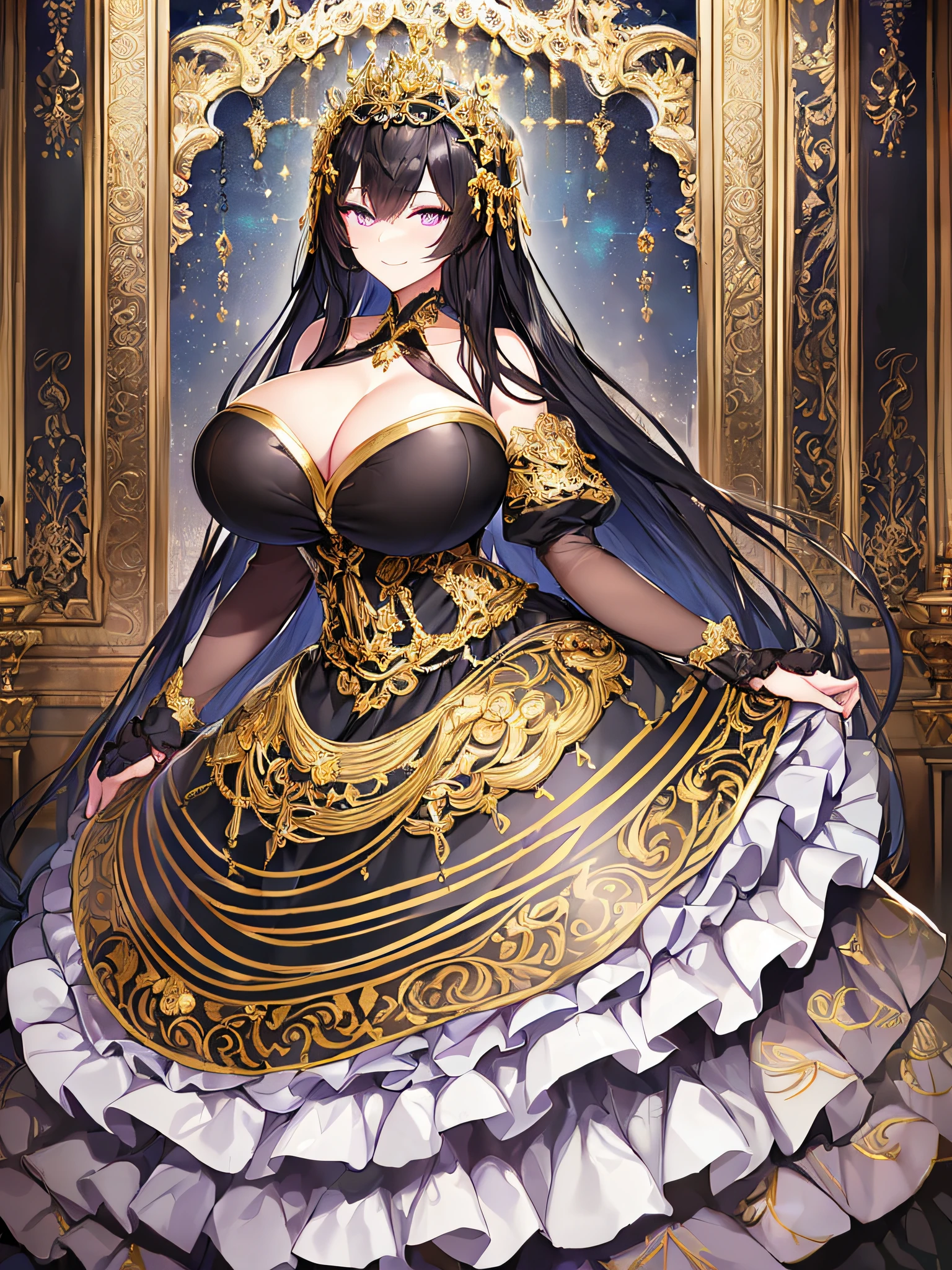 ((anime artstyle)),(Masterpiece),(Best Quality), (Super Detail),((Very Delicate and Beautiful)),((Solo)),((full body)),((1 arrogant Empress in black and gold gorgeousfull rococo dress with voluminous skirt)),detailed face and eyes,jewel-like eyes,((arrogant)),((arrogant and naughty smile)),(Purple eyes),Sharp eyes,((voluminous Very Long black Hair,Straight Hair)),((Bangs between eyes)),(((gigantic tits,Long tits))),curvy,skindentation,((gorgeousfull embroidery and lace)),gorgeous corsage,See-through,gorgeousfull hair ornament,gorgeousfull glitter jeweled tiara,ornate ruffles,((full body)),((hoop skirt,crinoline)),Dynamic Angle,Looking at viewer,(((gorgeous embroidery black and gold gorgeousfull rococo dress with voluminous skirt)),full body
