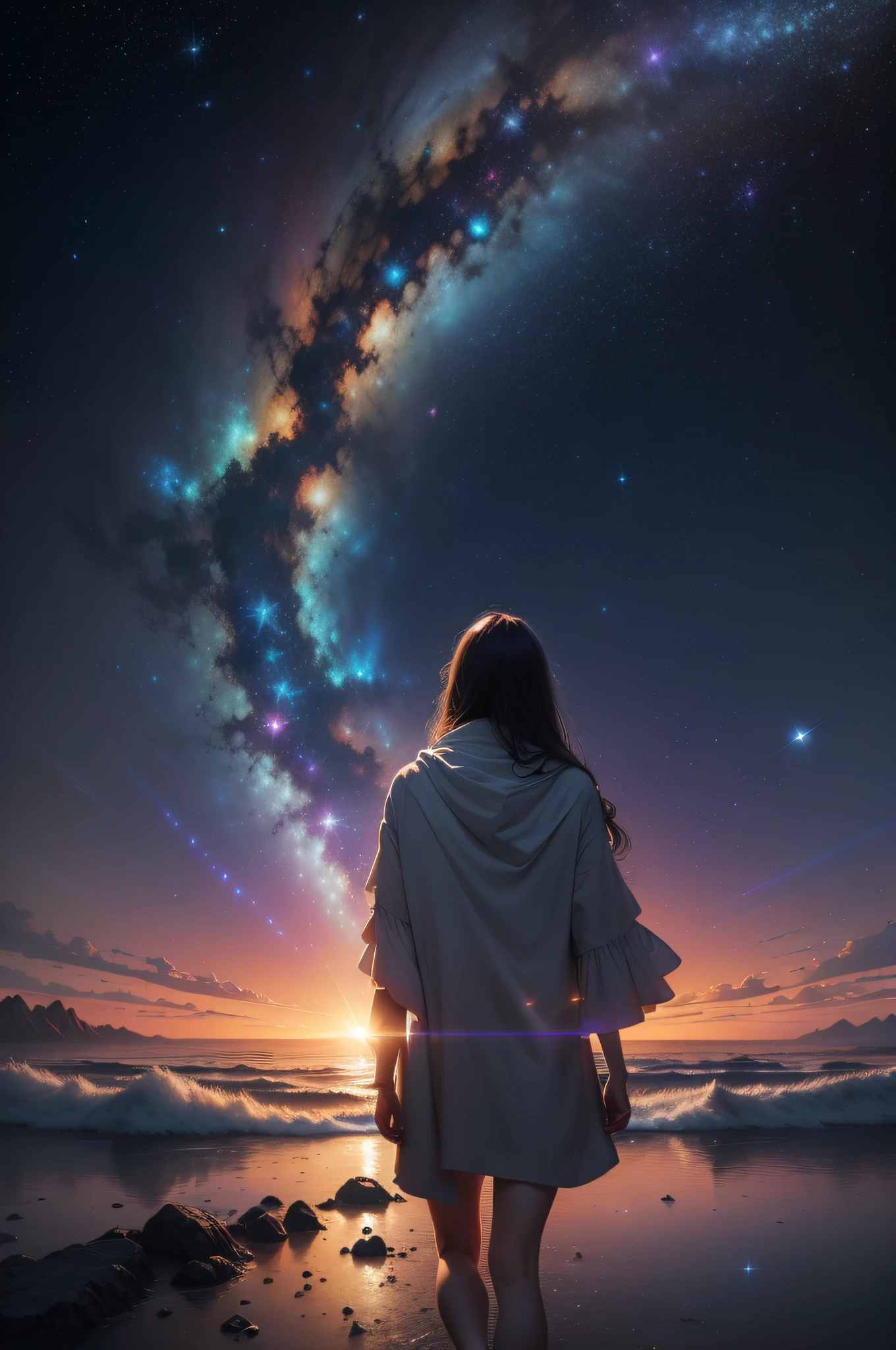 ((masterpiece)),((best quality)), 8k, high detailed, ultra-detailed, Step into a magical celestial realm with a starry sky tunnel, transporting you to a universe of wonder and awe((cosmic wonder), (interstellar journey), (ethereal ambiance))(endless rows of shimmering stars, nebulae painting the skies with ethereal colors, shooting stars streaking across the horizon, celestial bodies twinkling in the distance, a sense of infinite space and celestial beauty)